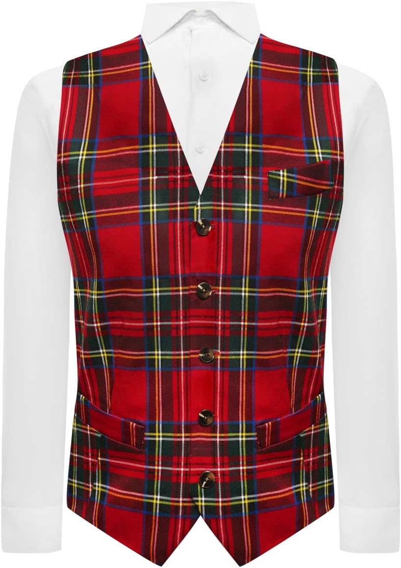 Traditional Red & Yellow Tartan Check Tailord Fit Waistcoat, Scottish, Stewart, Burns Night