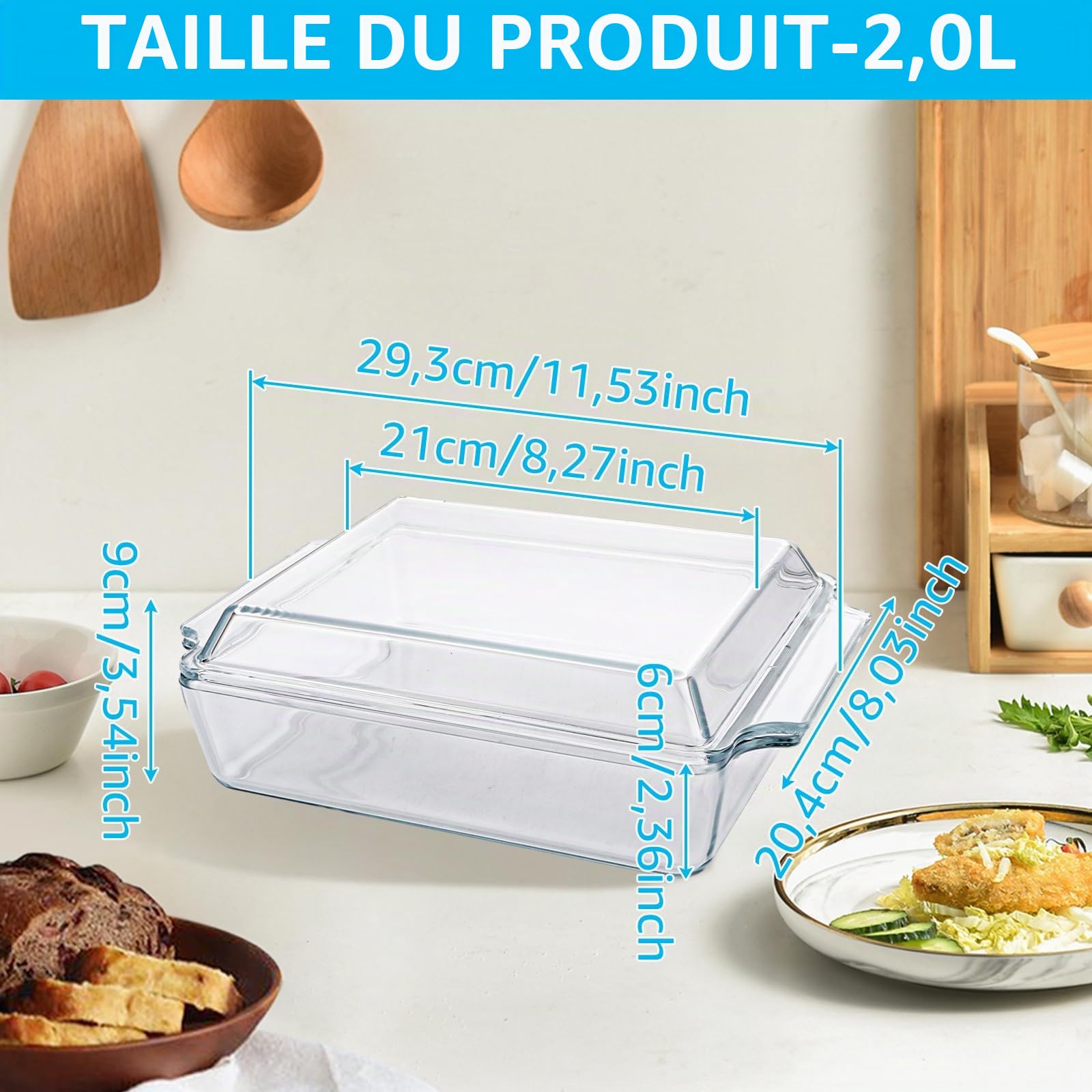 Plat à four rectangulaire 2 l avec couvercle en verre - 29 x 20 x 9 cm - Plat à lasagnes - Récipient de conservation en verre pour rôtir, four, cuisinière électrique, plat à gratin résistant à
