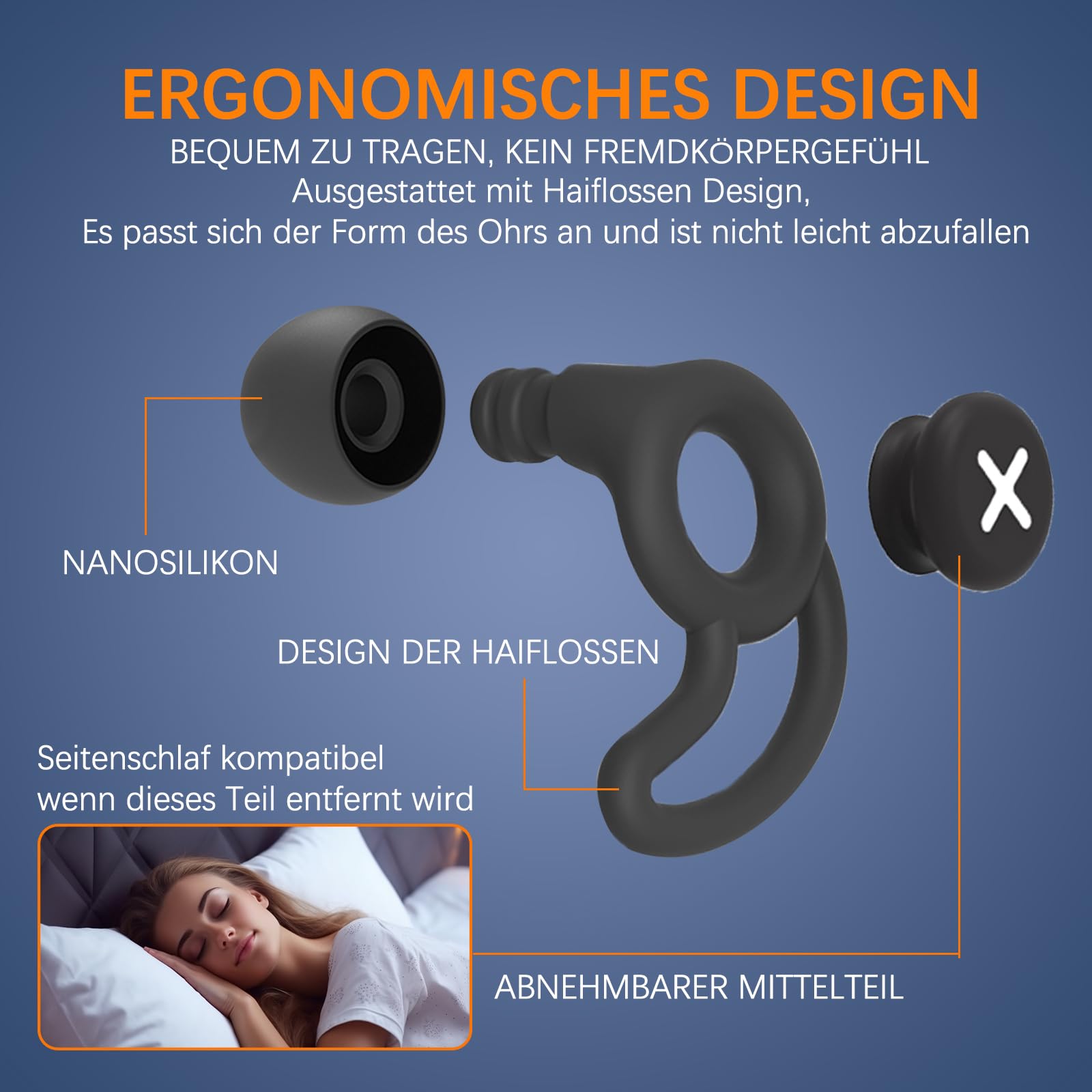 Ezavan Tappi per le orecchie per dormire, side sleep, compatibili con Comfort Fit in silicone, riutilizzabili, per concerti, riduzione del rumore, con 6 punte per orecchie in S/M/L (nero, misura