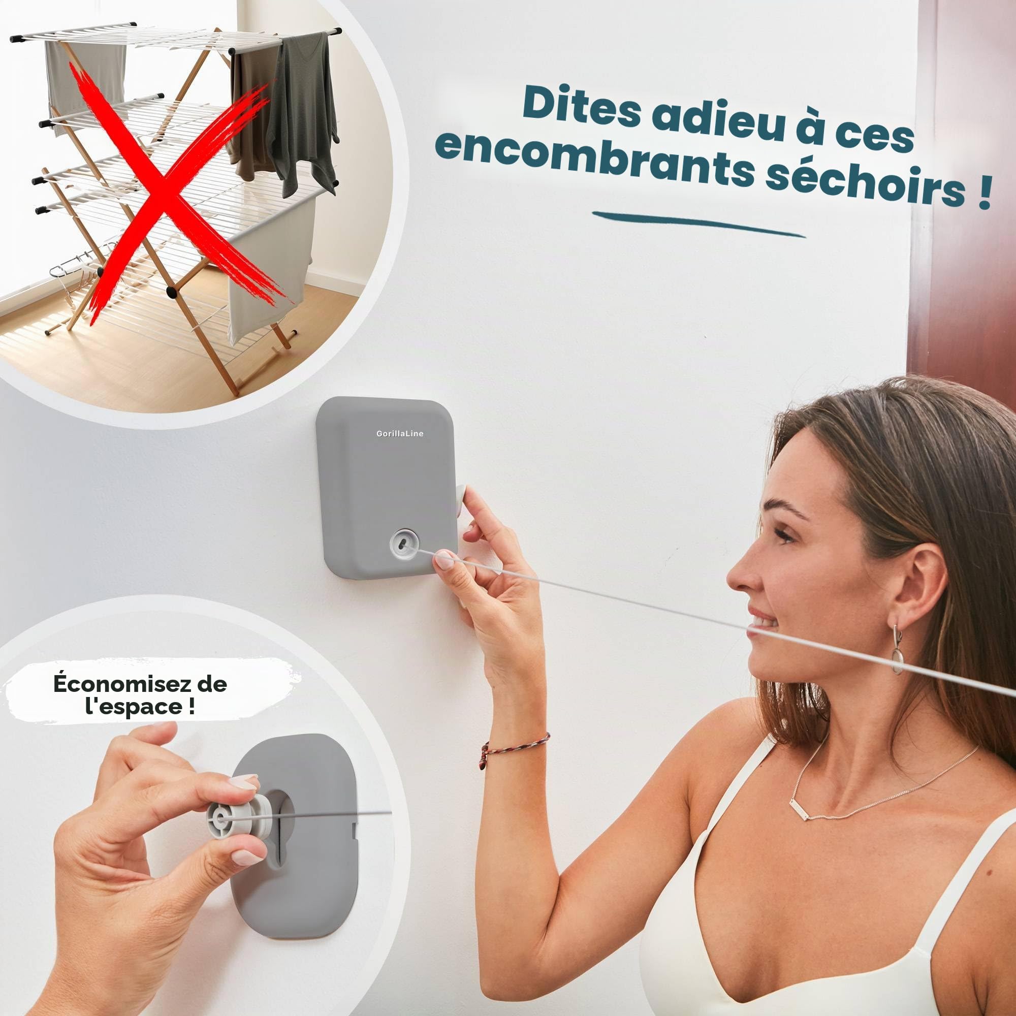 GORILLALINE - Corde à Linge rétractable pour intérieur et extérieur | Corde à Linge Robuste | Fixation Murale | Étendoir à Linge rétractable | Verrouillage pour éviter l'affaissement
