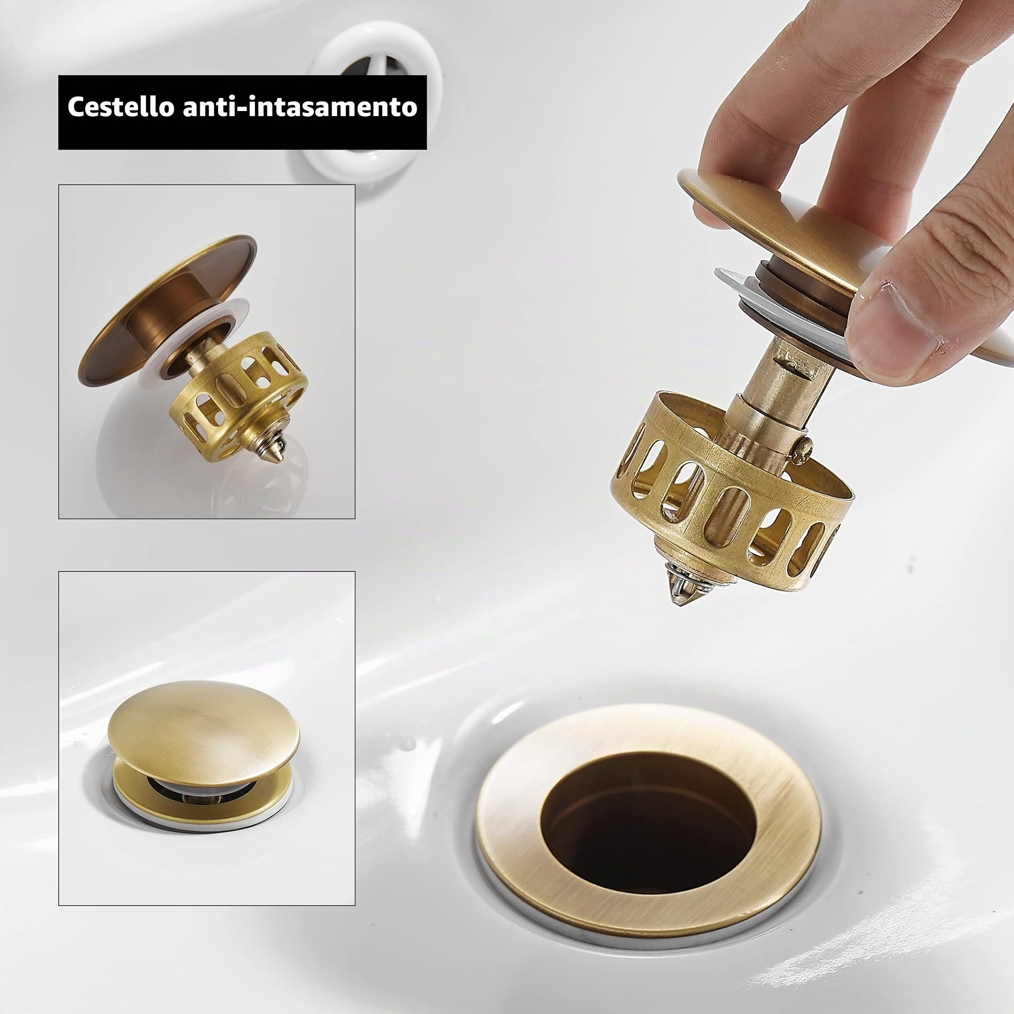 Ottone Lavello per Lavabo Pop-Up, Antico Piletta Click Clack senza Troppo Pieno, Piletta Bidet con Cestello Filtrante Universale