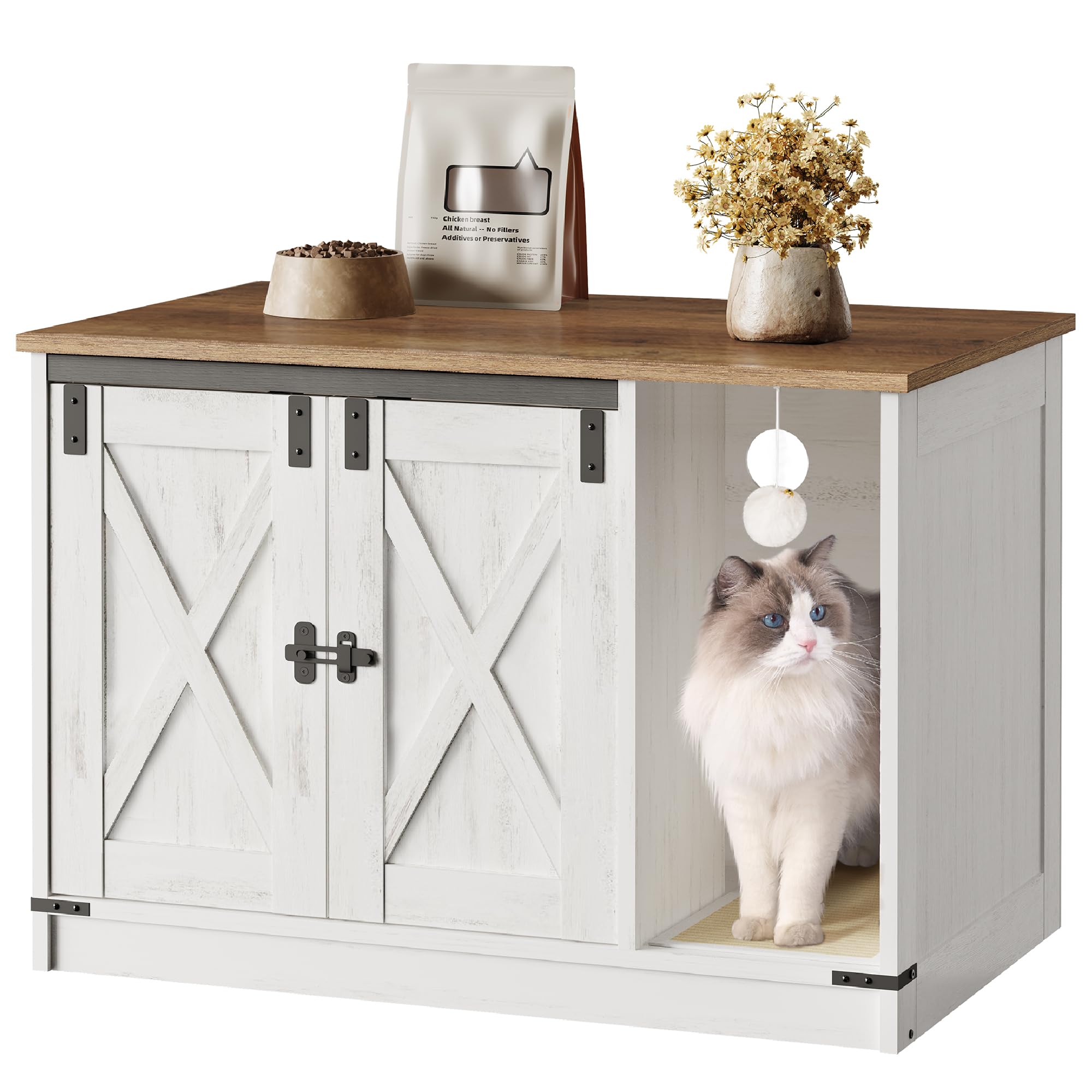 Cat Litter Box Enclosure, Hidden Litter Box Furniture with Cat Bell, Indoor Cat House, Farmhouse Style, 31.5 x 20.9 x 19.7Inches, for Hallway, Bedroom, Rustic White and Brown CB82414X