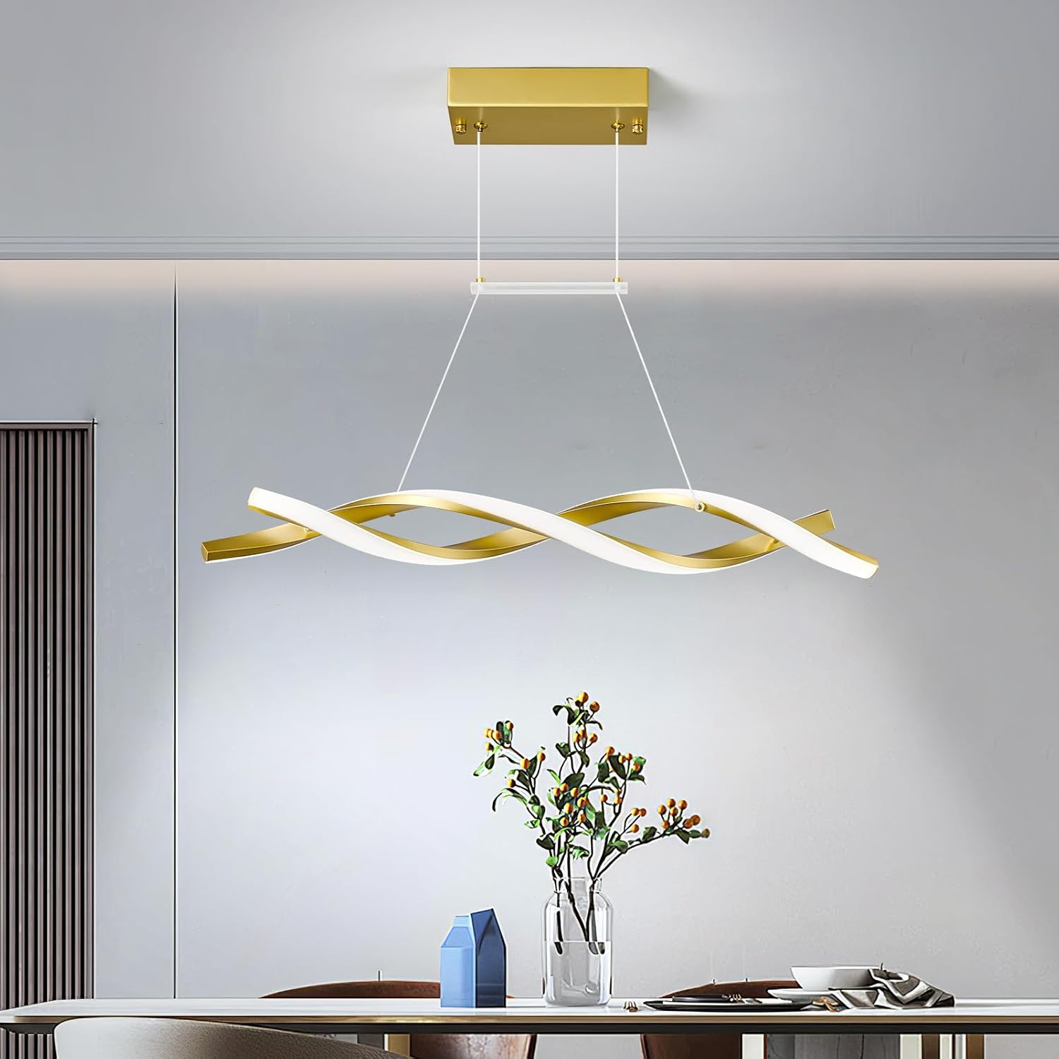 Modern Kitchen Pendant Light Over Island Gold LED Pendant Lights 6000K Adjustable Hanging Light Fixture Wave Shape Chandelier for Dining Room Kitchen Island Restaurant Living Room