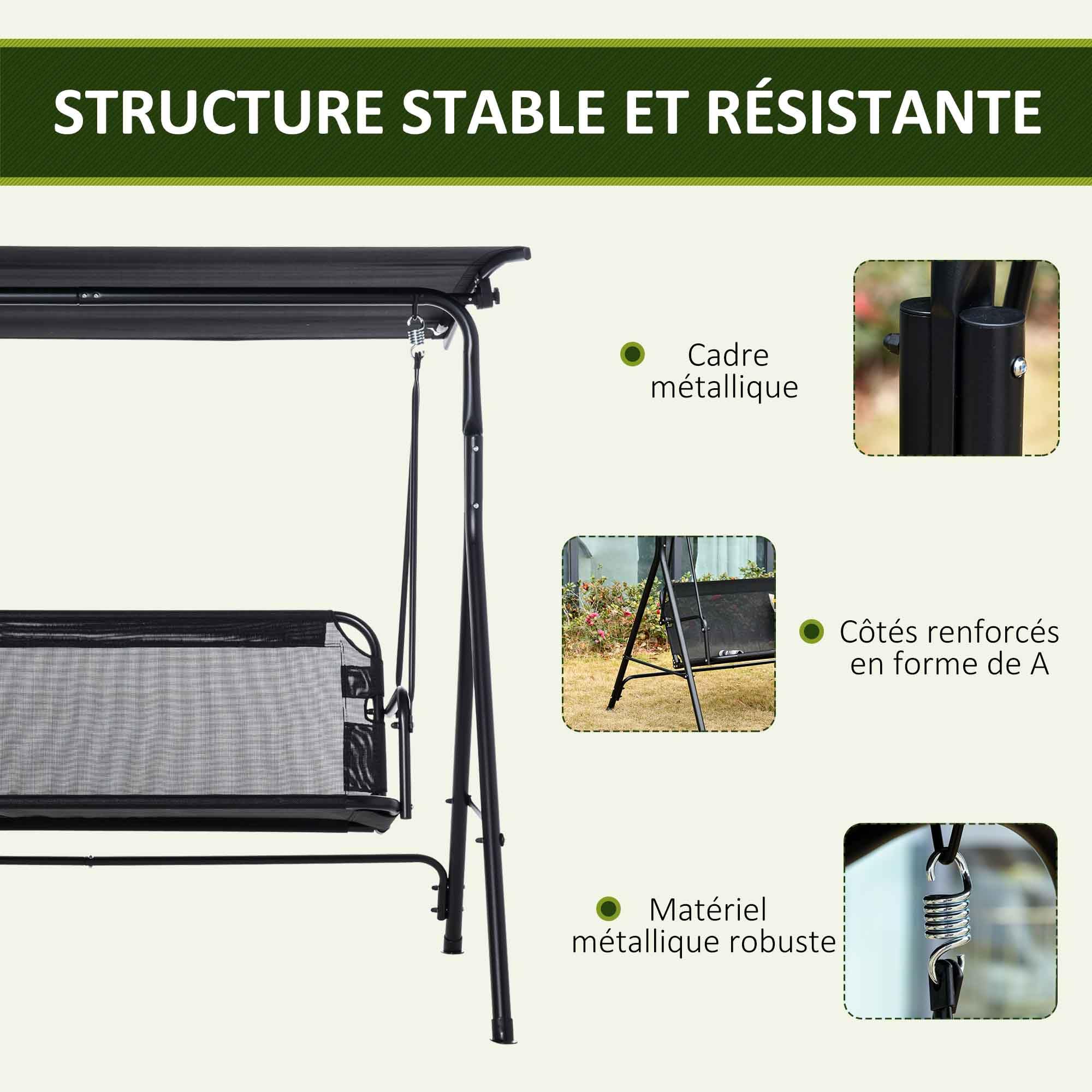 Outsunny Balancelle de Jardin 2 Places, Toit Inclinaison réglable, Structure Acier, 172x110x155 cm, Noir