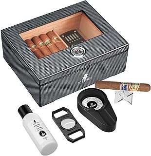 XIFEI Cigar Humidor, Spanish Cedar Wood Desktop Cigar Box Storage 25-60 Cigars, Glass Top Carbon Fiber Texture Humidors with Hygrometer, Humidifier, Humidor Solution, Cigar Accessories Gifts for Men