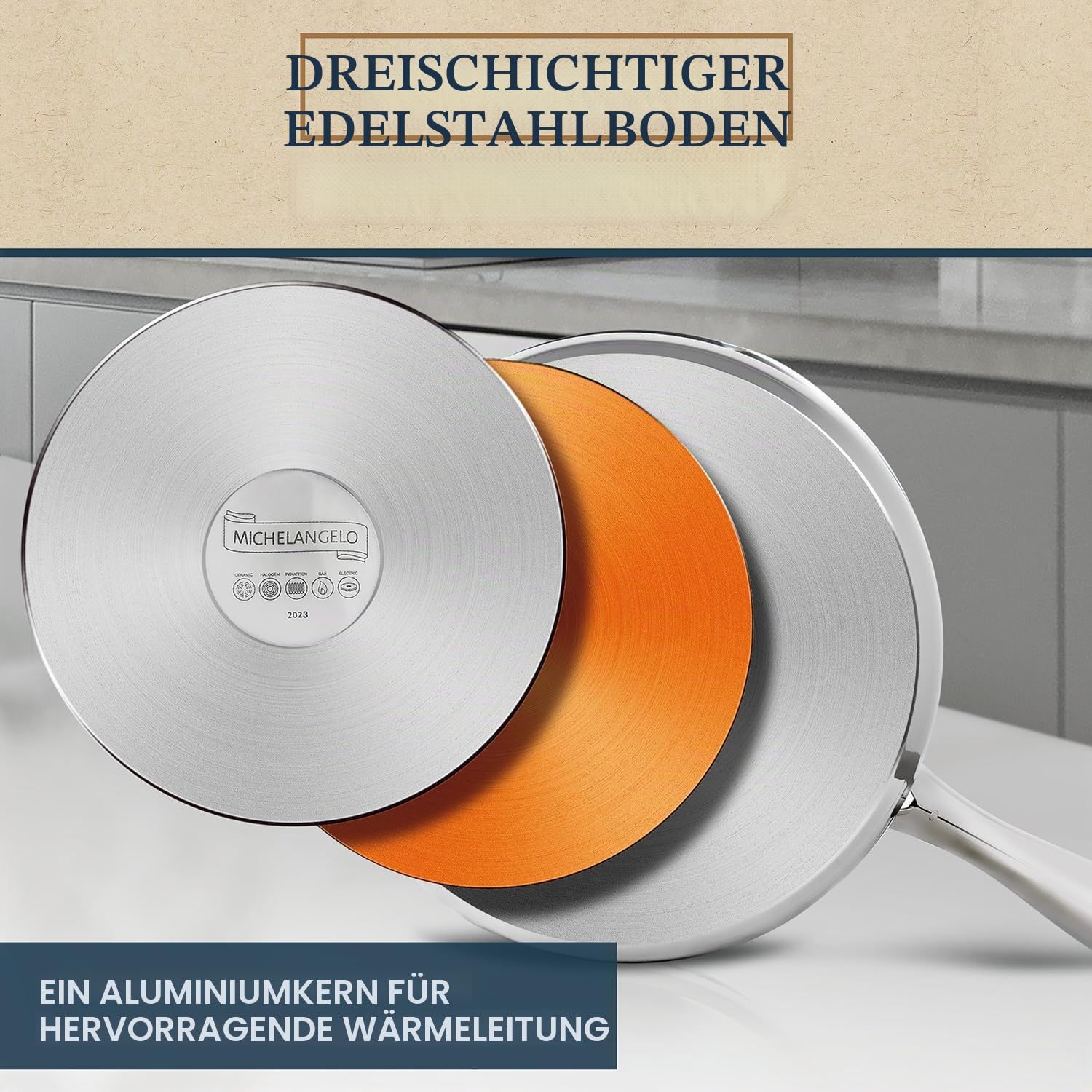 MICHELANGELO Edelstahl Stielkasserolle 20 cm, 3l mit Deckel und Dämpfeinsatz, Induction geeignet für Induktion, schichtlos ohne Beschichtung, spülmaschinenfest für Milch, Sauce, Kochtopf