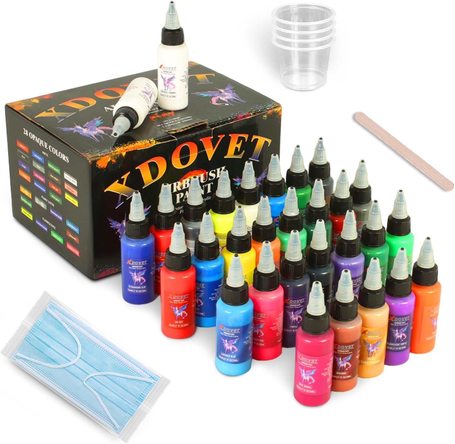 XDOVET Airbrush Paint 28 Colors (30 ml/1 oz) with 2 Thinner - Ready to Spray Opaque Neon Colors Water-Based Premium Acrylic Paint Kit for Beginners, Hobbyists and Artists