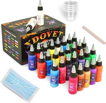 XDOVET Airbrush Paint 28 Colors 30 ml/1 oz with 2 Thinner - Ready to Spray Opaque Neon Colors Water-Based Premium Acrylic Paint Kit for Beginners, Hobbyists and Artists