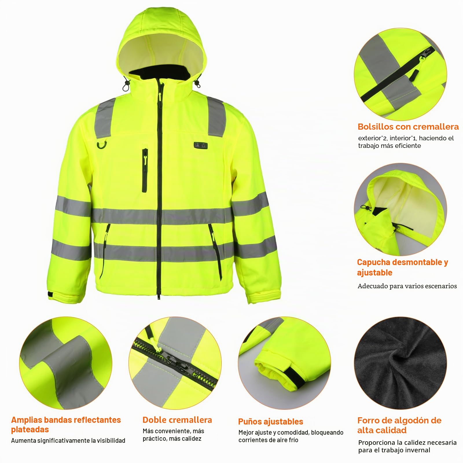 Chaqueta Polar Alta Visibilidad Calentada 4 en 1 para Hombre, Chaqueta de Soldadura Ligera - Batería de 16000 mAh Chaqueta Softshell de Advertencia con 6 Zonas de Calefacción incl Reflectores