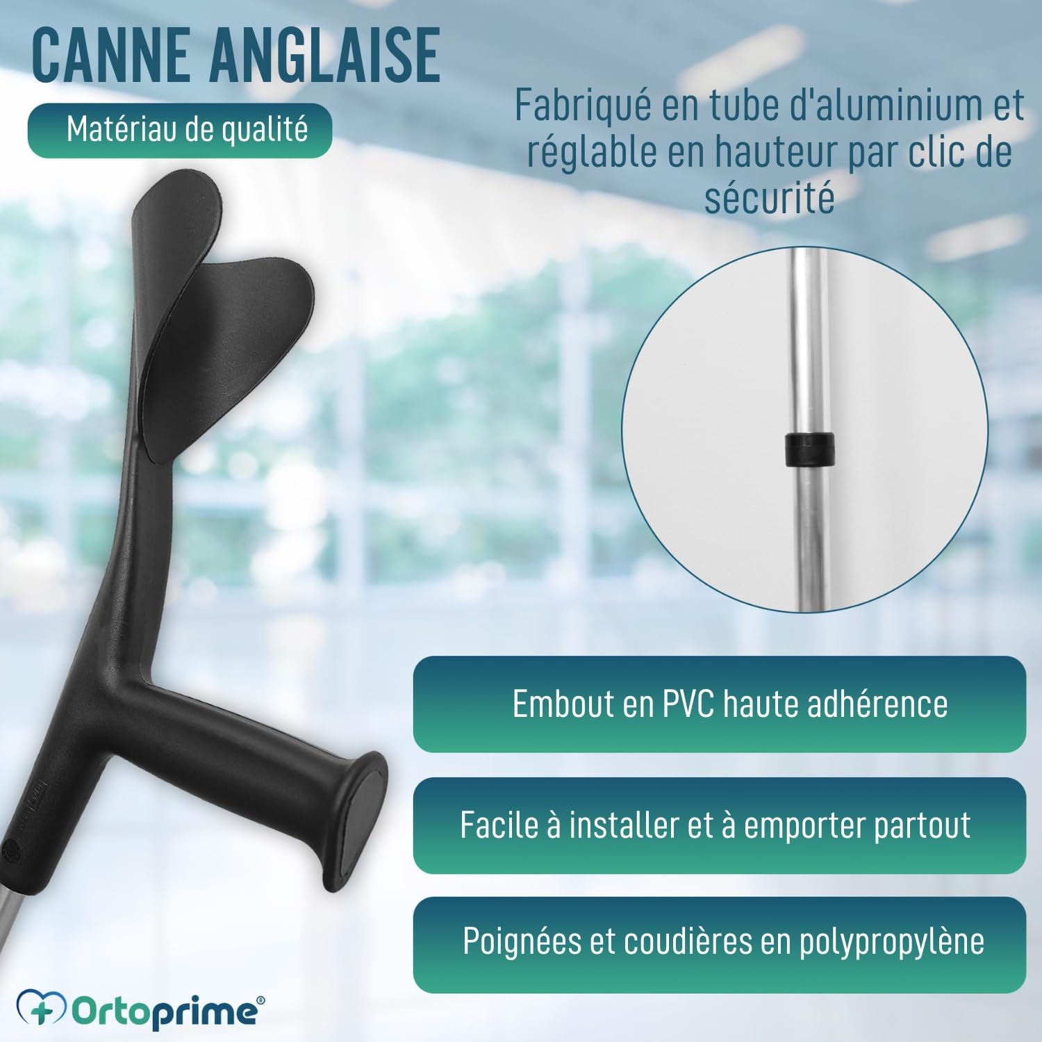 OrtoPrime PACK x2 PAIRE - Béquilles Médicales Adultes Réglables en Aluminium - Canne Anglaise avec Embouts Antidérapants - Béquilles pour Adultes Anatomiques et Durables.