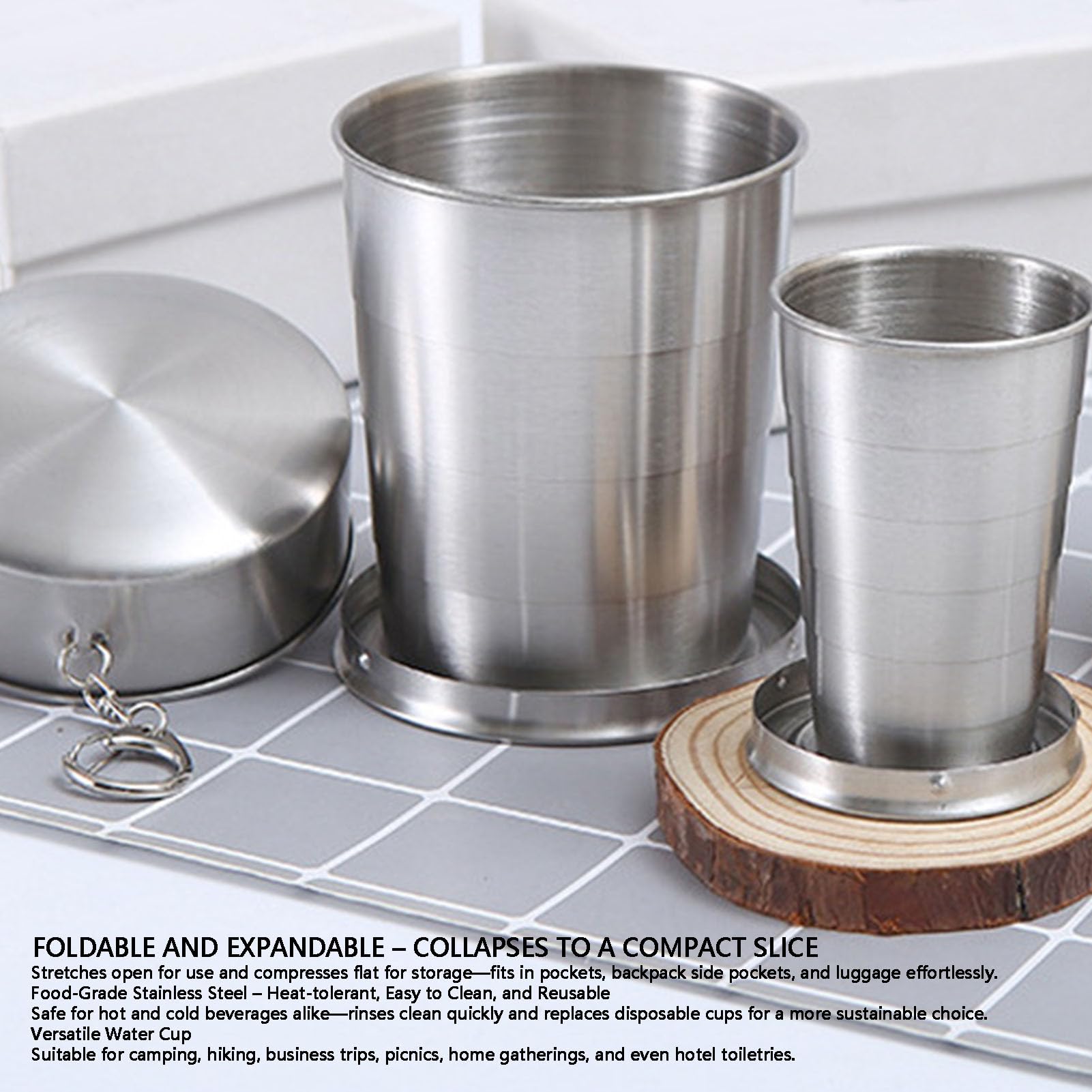 Luocute Tazza Pieghevole in Acciaio Inossidabile, con Portachiavi (Grande | Tazza da Viaggio Pieghevole con Coperchio, per Viaggi in Campeggio