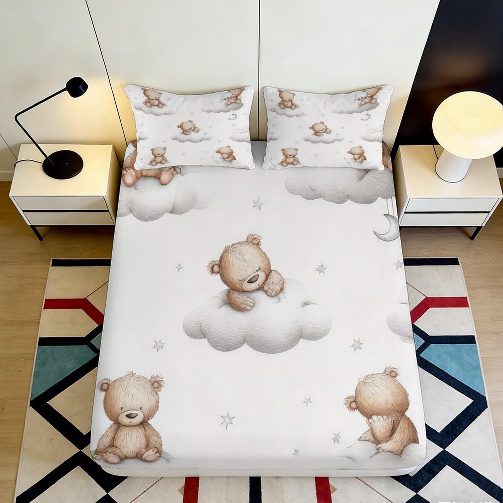 3D Printed Cute Teddy Bear Fitted Sheet Microfiber Soft Anti-Slip Mattress Cover Cartoon Cloud Bed Decor 90x200x25cm