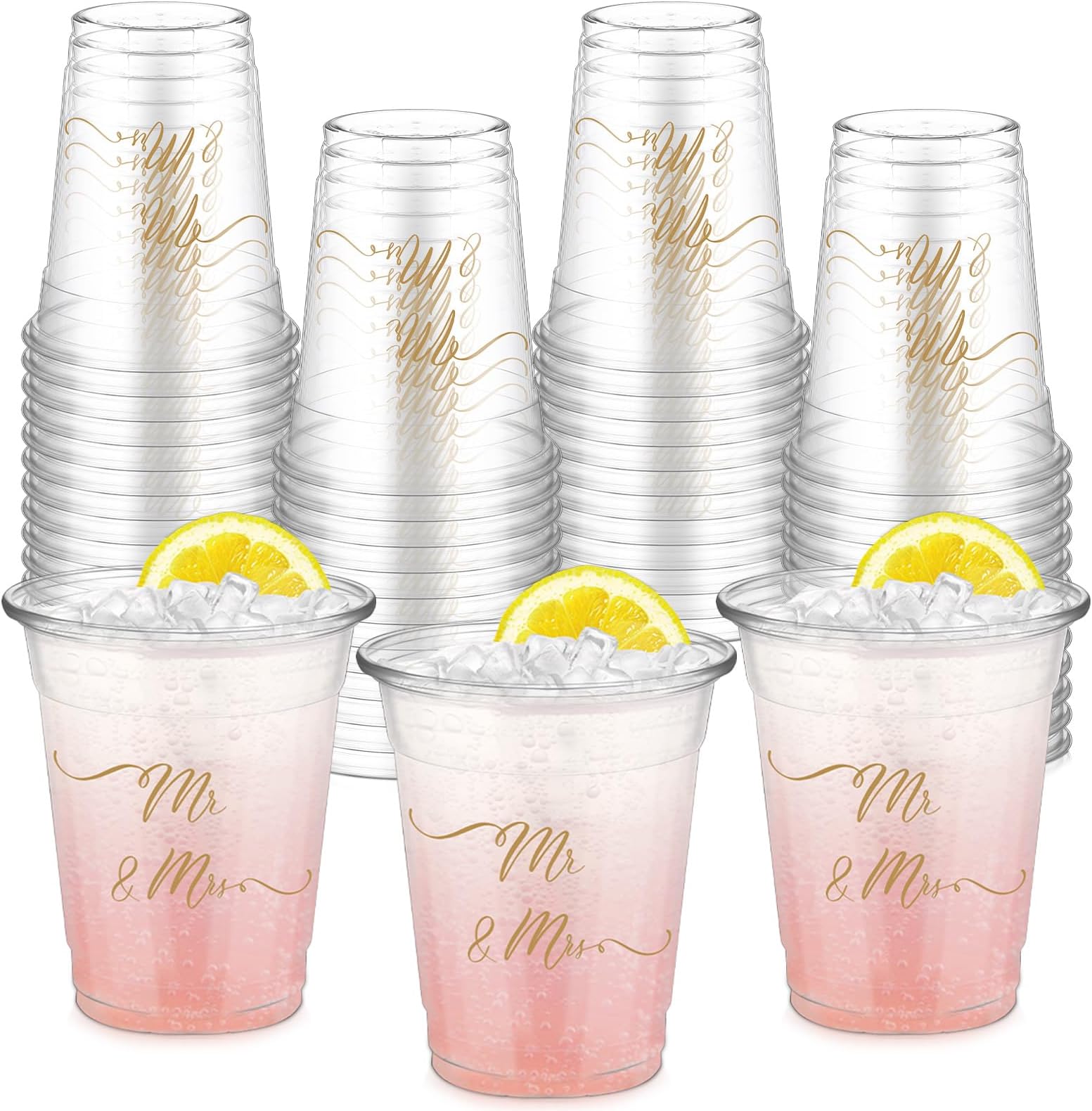 50 Pcs Mr and Mrs Cups 12 oz Plastic Wedding Cups Clear Engagement Disposable Glasses Bridal Shower Drinking Glasses for Home Kitchen Wedding Theme Party Favors Supplies Decoration