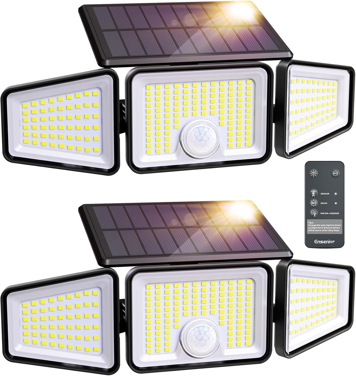 Ensenior Motion Sensor Outdoor Lights, 220 LED IP65 Waterproof Solar Security Light with Remote Control, 3 Heads Solar Flood Light Outdoor with 4 Modes, 270° Wide Angle Motion Light for Outside -2Pack