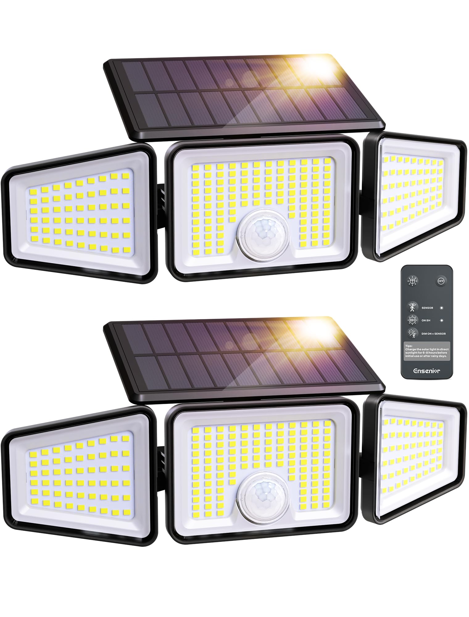 Ensenior Solarleuchten Außen Bewegungsmelder, 2600LM 220 LED Hohe Helligkeit, 3 Kopf 270° Weitwinkel Flutlichter, Fernbedienung Sicherheitsleuchten 4 Modi, IP65 Wasserdicht Kabellose Wandleuchte, 2