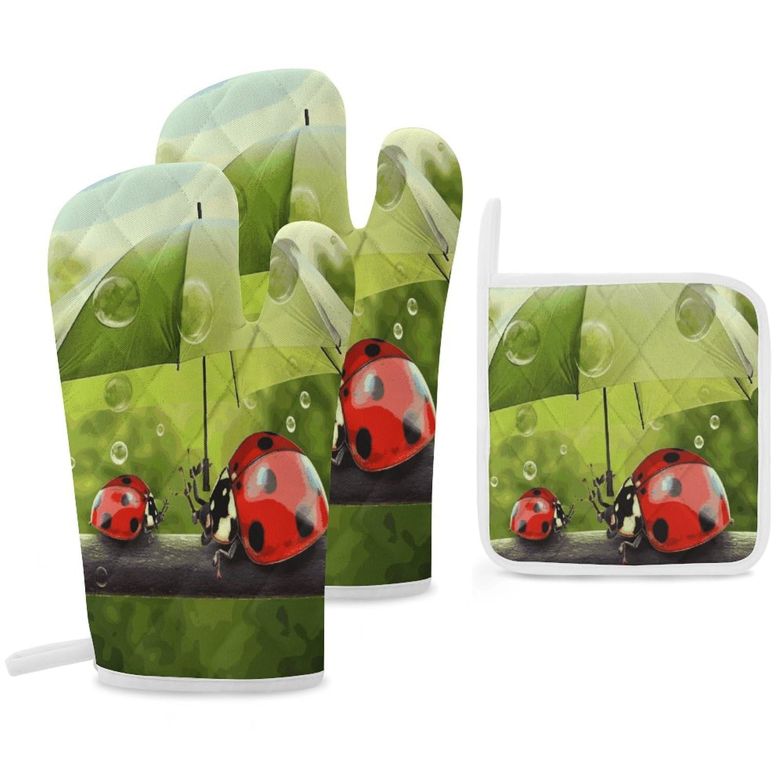 Fekiloot Style Funny Ladybug Holding Umbrellas Oven Mitts Funny Heat Resistant,Oven Glove With Hanging Loop,Resistant Hot Pads For Kitchen Baking Grilling Cooking