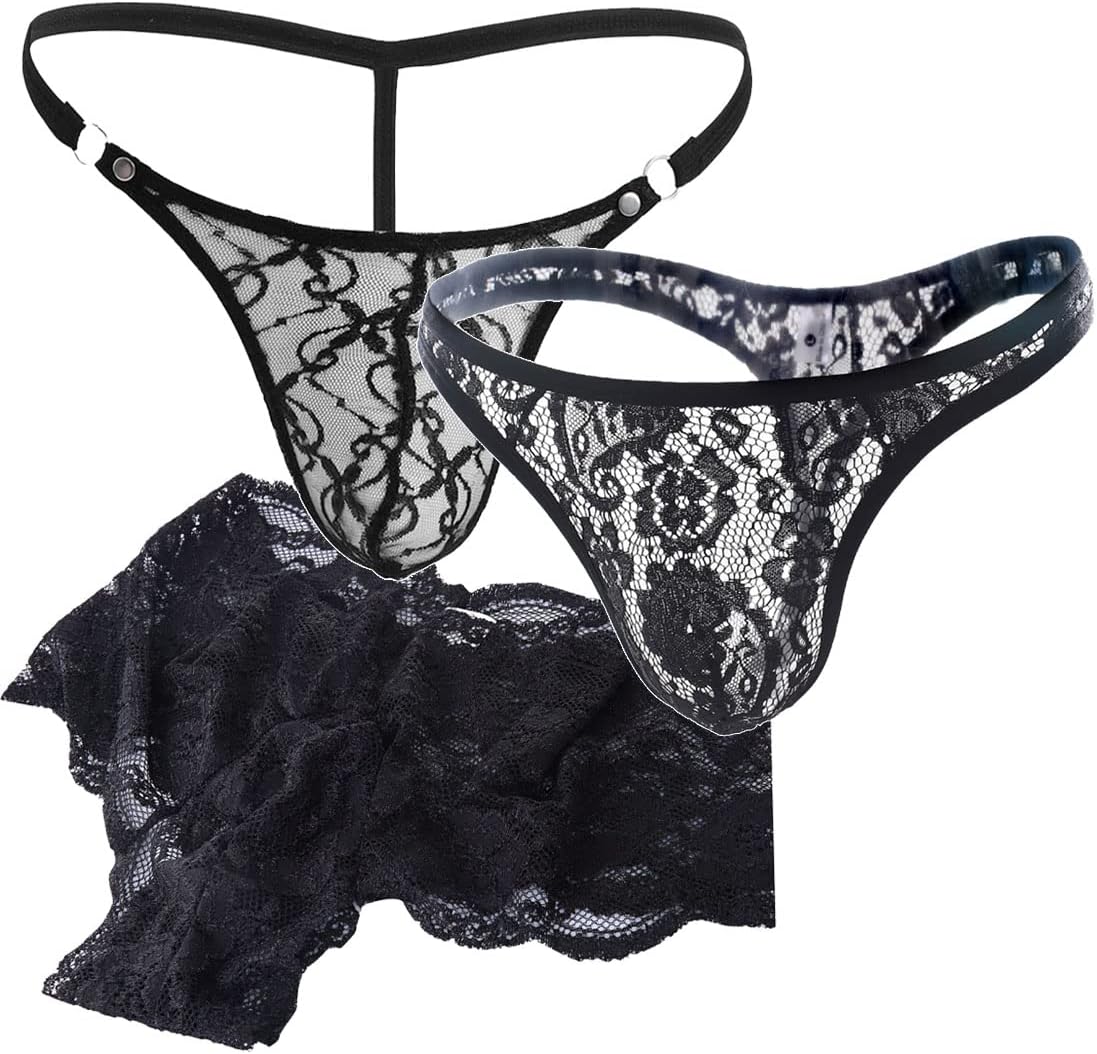 Men's Sexy Lace Mankini G-String for Men UK Hot Funny Thong String Briefs Triangle Boxers Low Rise Stretchy Bikini Panties Lingerie