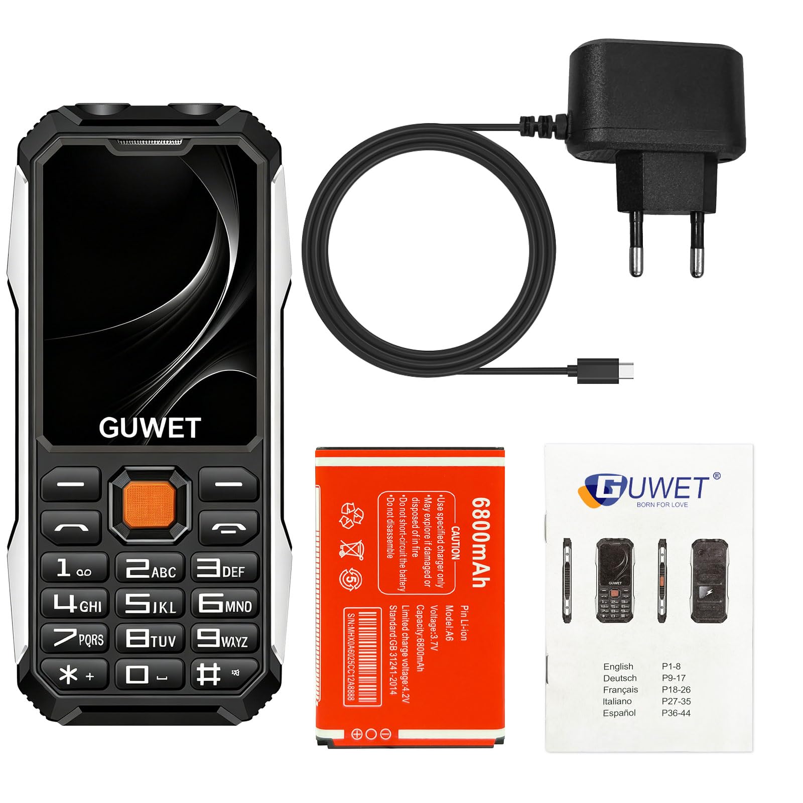 A6 2G Outdoor-Handy ohne Vertrag, 6800-mAh-Akku für extrem Lange Standby-Zeiten, robust und sturzfest, SOS-Notruffunktion, große Tasten, Dual-SIM mit Notruftaste, Schwarz