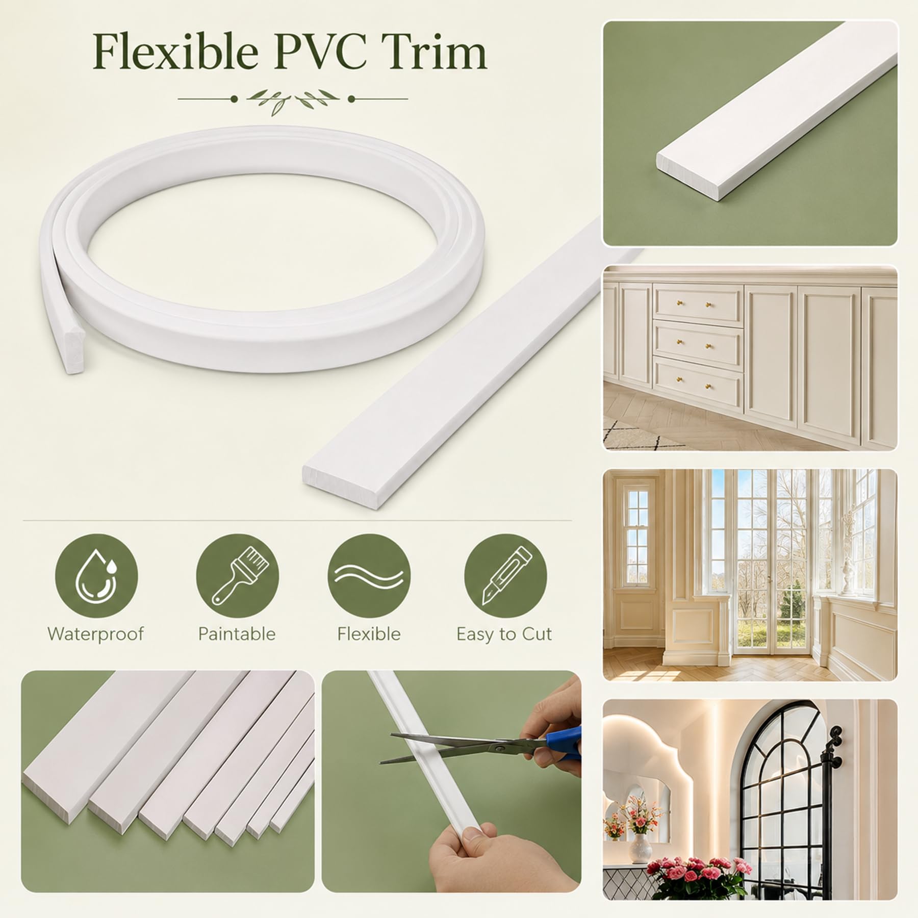 Modanatura Adesiva per Pareti PVC Flessibile Modanature per Pareti per Porte, Finestre, Specchi Flessibili, Pareti, Soffitti, Pavimenti, Armadi, Bianco W 6cm, L 6m
