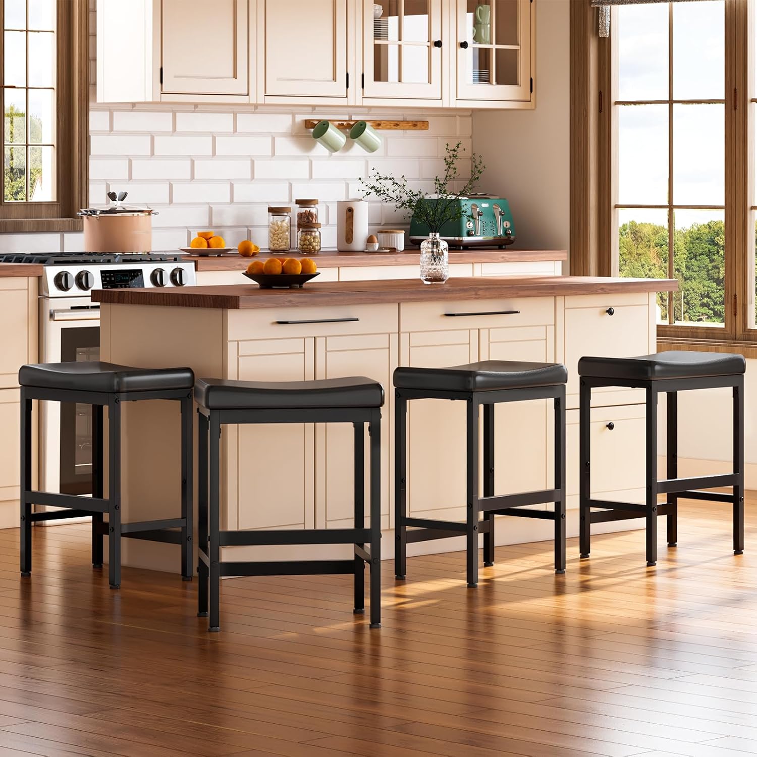 RALGEND Bar Stools, Counter Height Bar Stools Set of 4, 24" Saddle Barstools with Curved Surface, Counter Stools with Footrest, Kitchen Stools with Thick Upholstery, for Kitchen, Dining, Cafe, Black