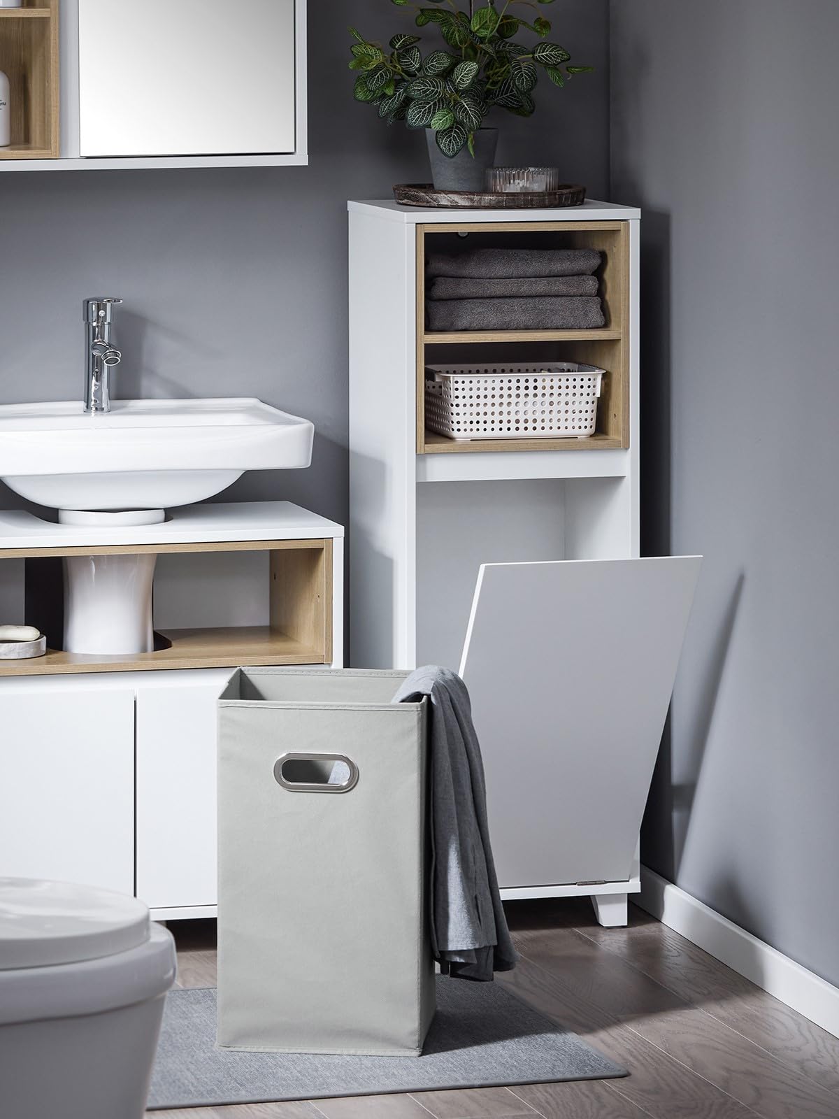 SoBuy Mobile Bagno Salvaspazio con Cesto Portabiancheria – Mobiletto Cassettiera Bagno, Mobile Lavanderia Bianco, 35 x 30 x 105 cm, BZR146-W