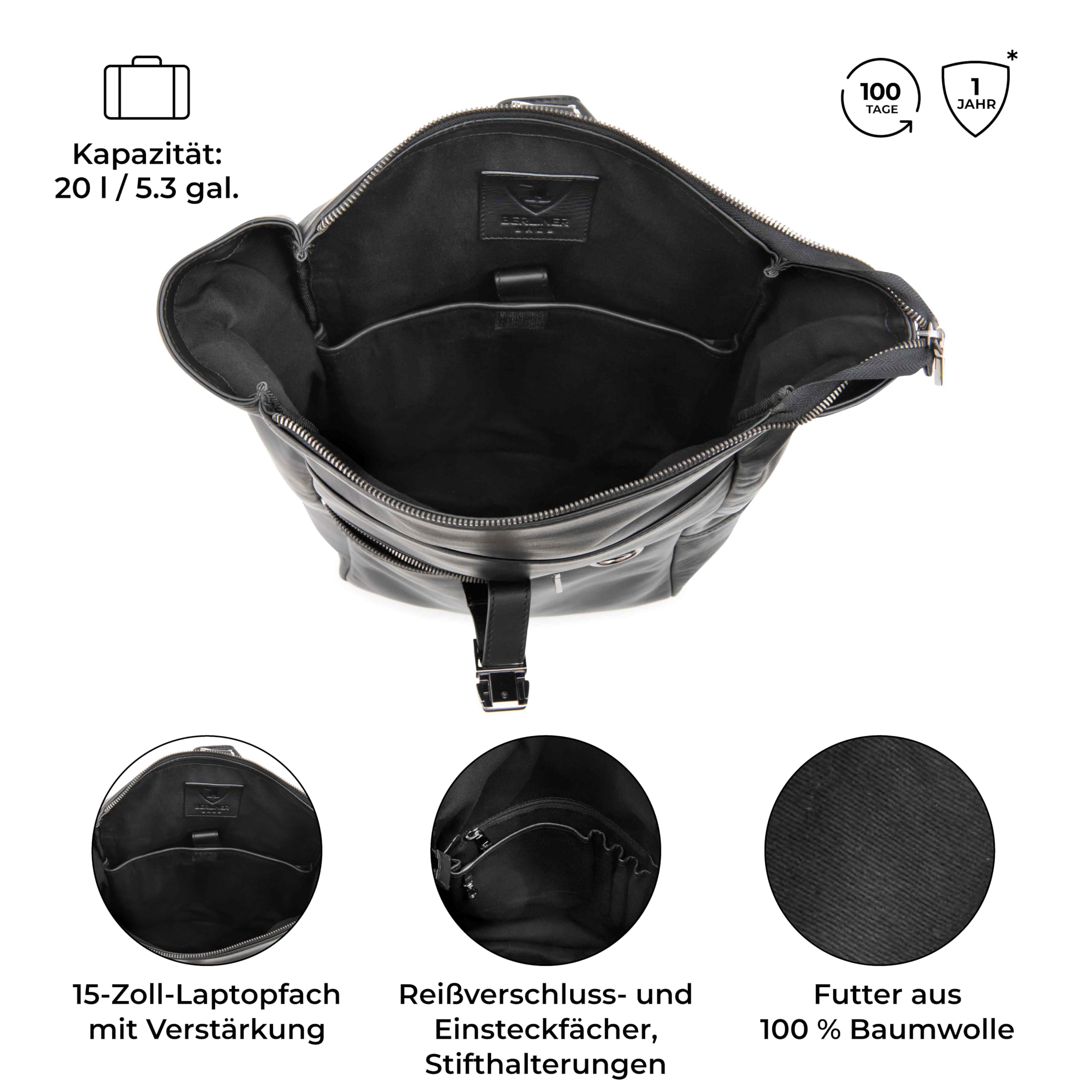 Berliner Bags Business Rucksack Harlem Premium, 15 Zoll aus Leder - Schwarz