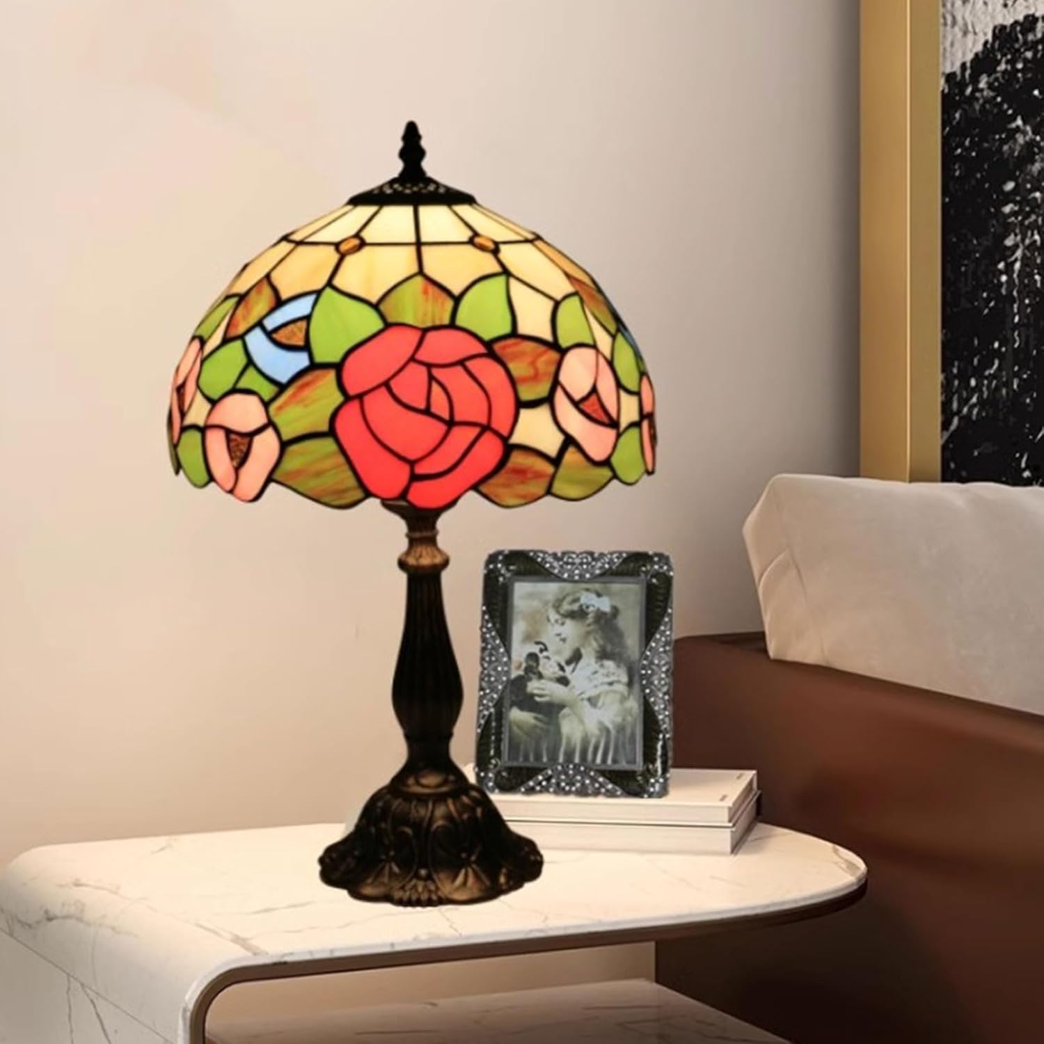 Tiffany Lamp Shade Replacement 12 Inch Rose Pattern Stained Glass Lampshades Only with Cap Red Pink Blue Green Cream Vintage Light Cover for Table Lamp Pendant Light Ceiling Fixture
