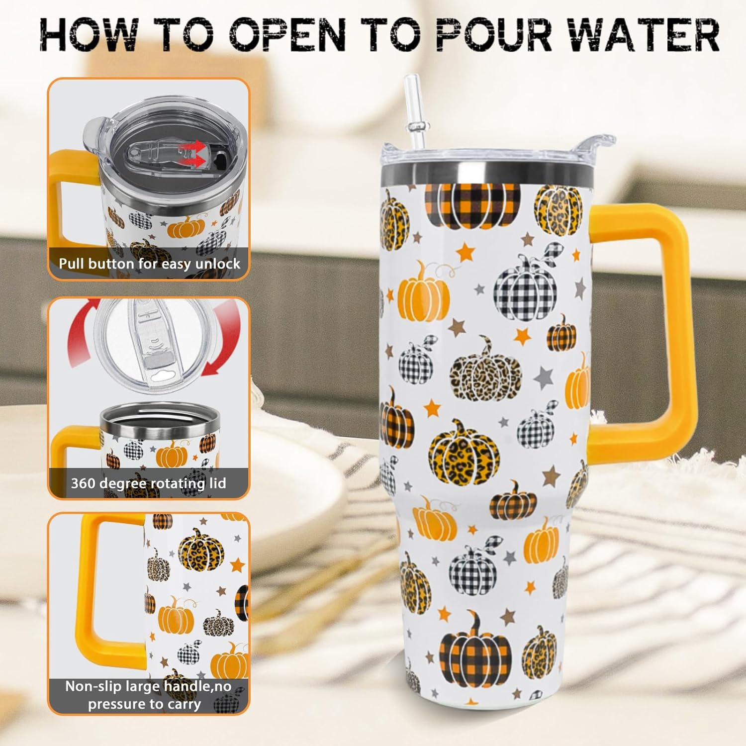 Fall Tumbler 40 oz Thanksgiving Cup Pumpkin Coffee Travel Mug Autumn Stainless Steel Insulated Cups Water Bottler with Handle and Straw Fall Thanksgiving Decor Gifts - Image 4