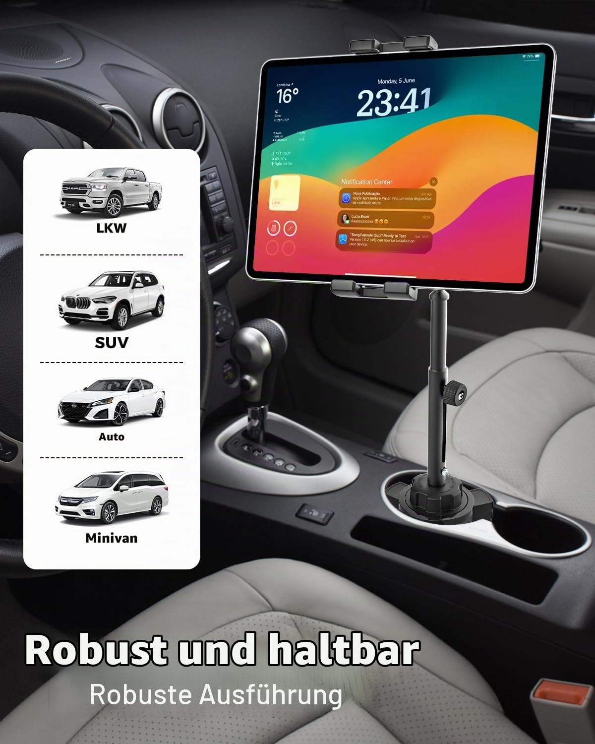 GDZN Tablet Halterung für Auto Getränkehalter, [Höhenverstellbar] PKW LKW Becherhalter iPad Halterung mit Metall Teleskopierbar Arm für iPad Pro 12.9, Samsung Tabs, Fire, iPhone, 4.7-15.6" Geräte