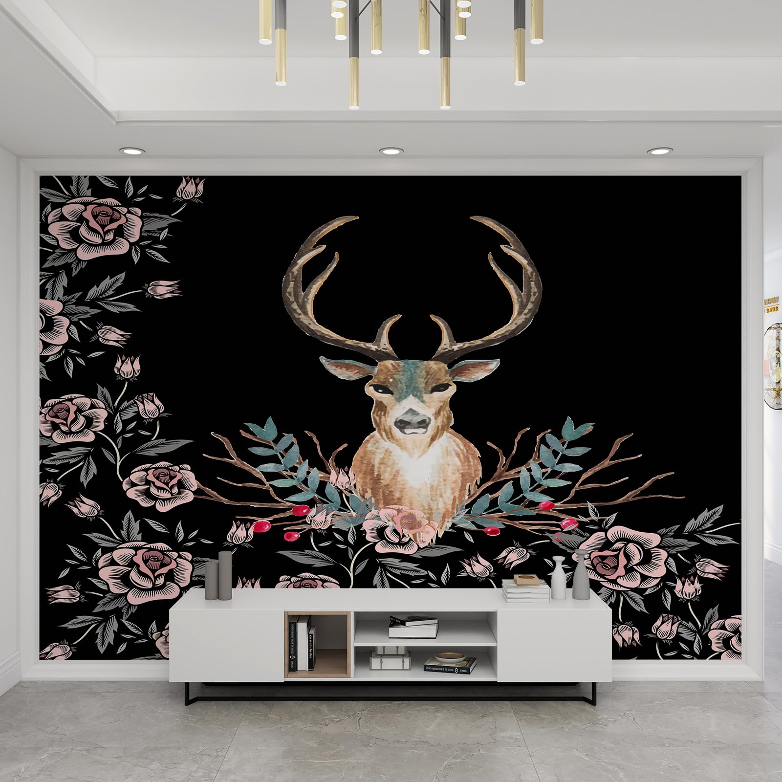 Papier peint branches de fleurs et cerf pour salon et chambre
