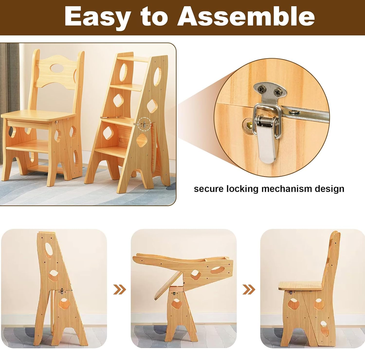 GOOFCXO 4 Step Folding Ladder Chair, 3-in-1 Wood Ladder Stool, Multi-Functional Portable Step Stool Display Stand for Home Kitchen Office Library, 265lbs Load Capacity, 34.3" H x 13.4" L x 15.2" W - Image 5