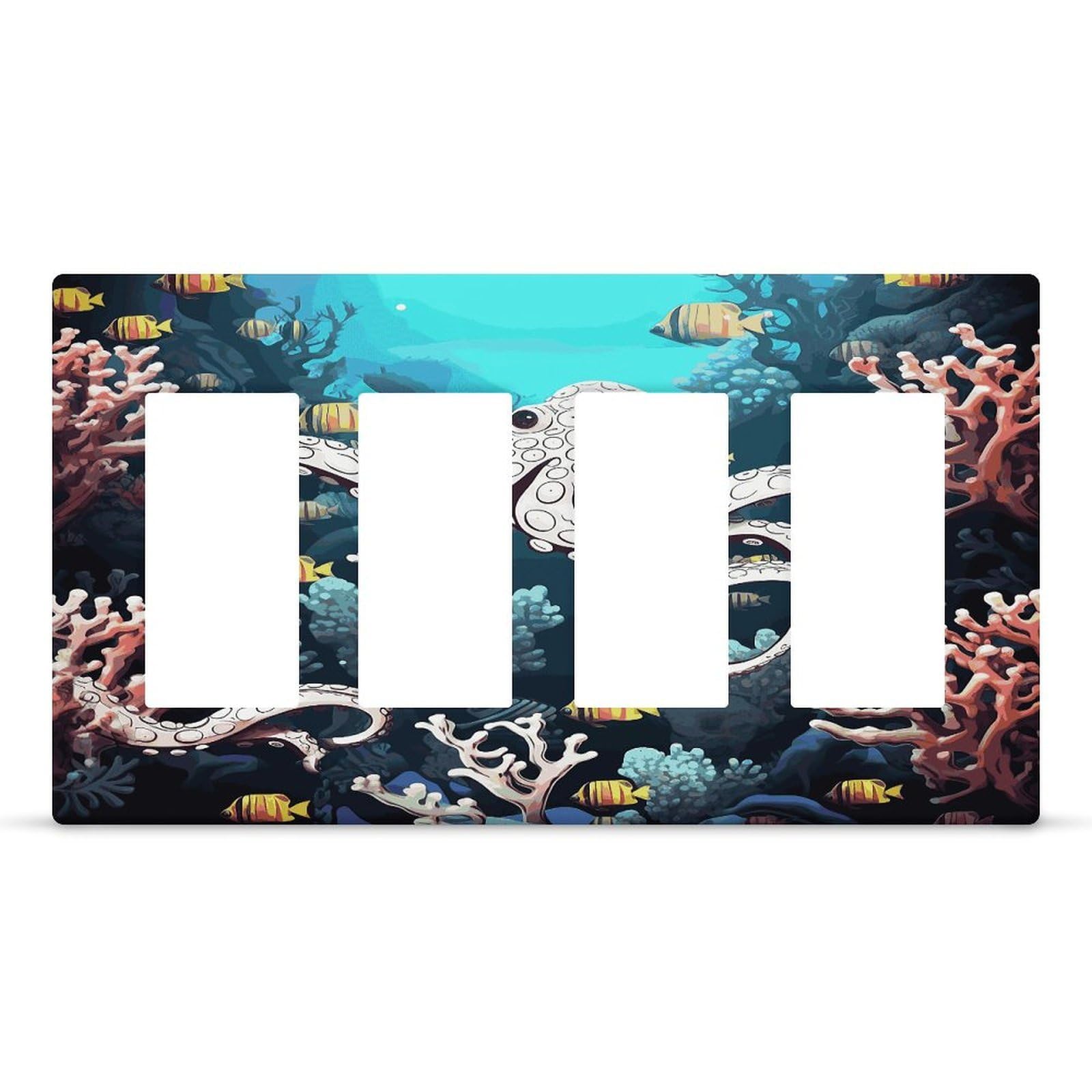 Marine Life Wall Plate Cover Unbreakable Thermoplastic Faceplate Cover Receptacle Outlet Covers Rocker Light Switch Covers 4-Gang Hidden Screw Face Plate for House 8.3x 4.7
