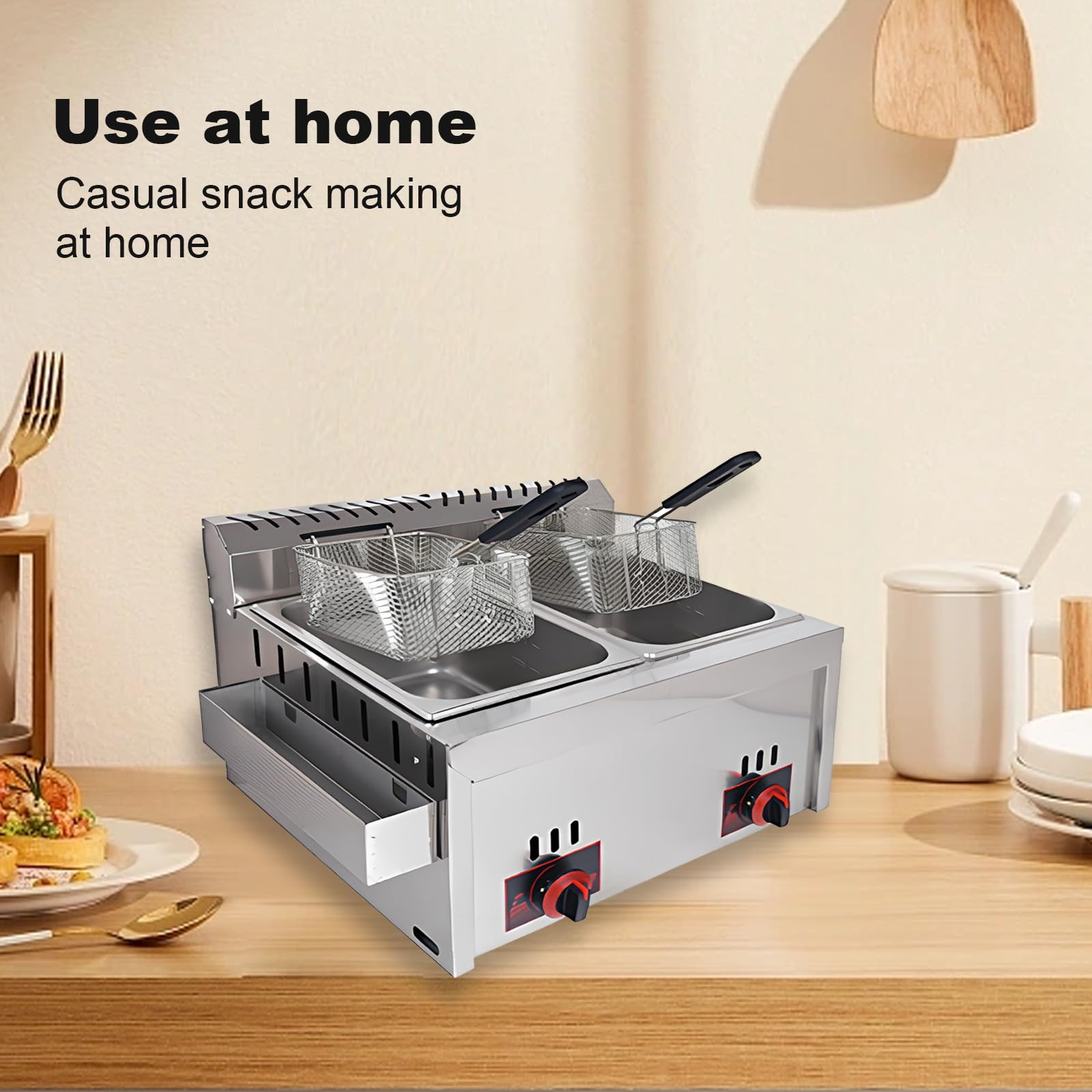 Friggitrice a gas, grande capacità, con potenza di fuoco regolabile, design indipendente, cestini rimovibili e coperchio per uso domestico e aziendale