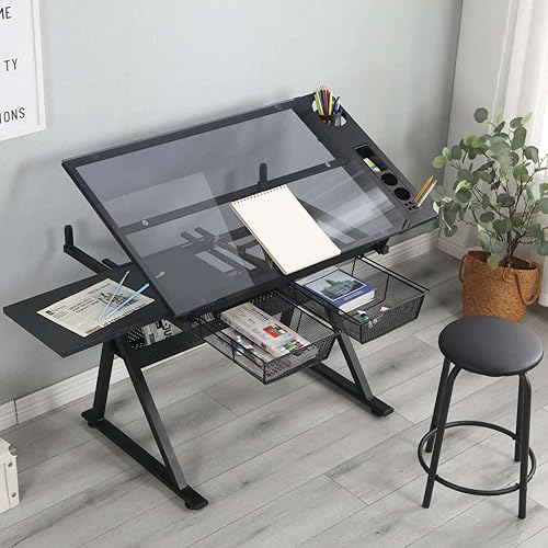 Mesa de dibujo con taburete, moderno escritorio de impresión de vidrio templado ajustable negro para estudio de arte, hogar, oficina, escuela