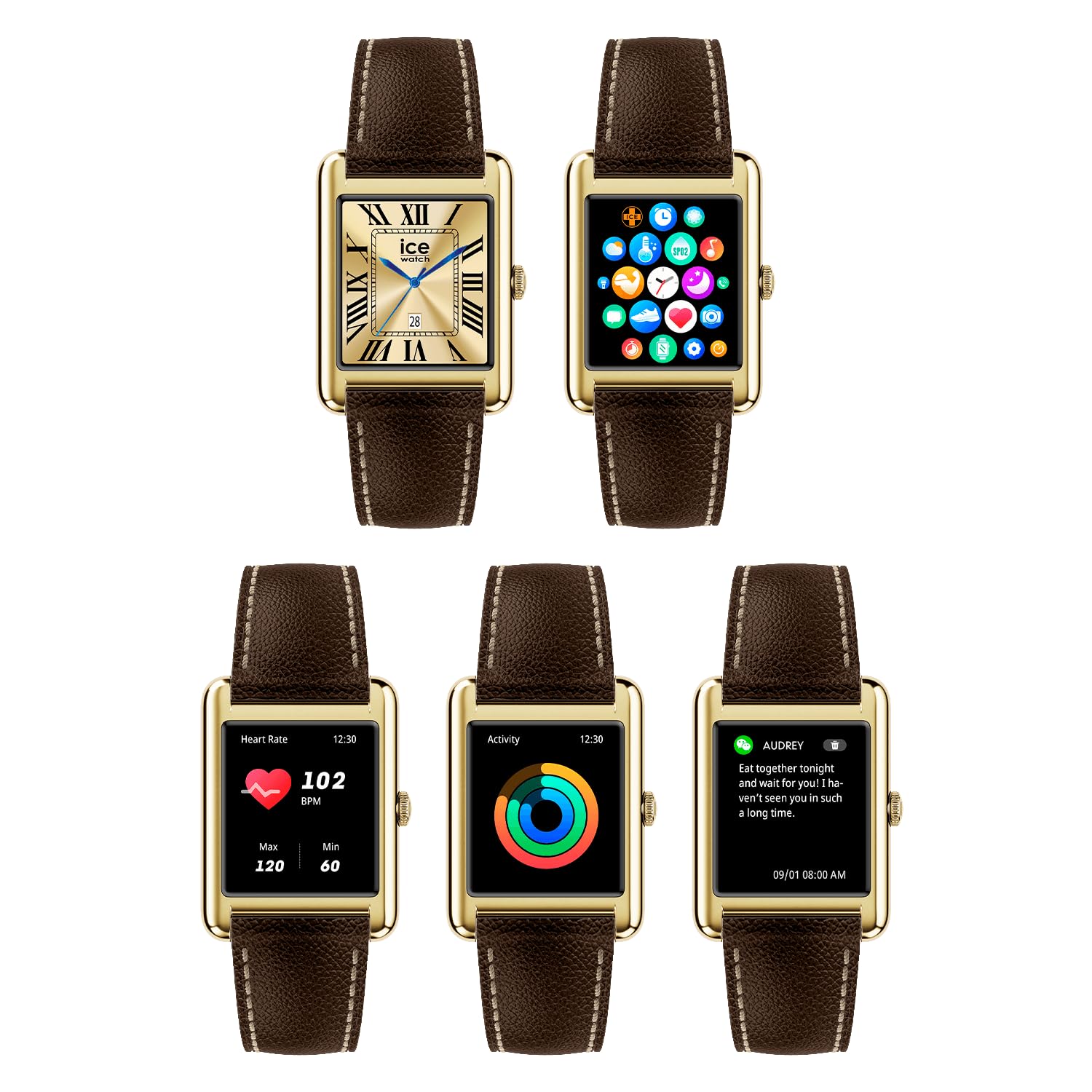 ICE-WATCH - Ice Smart TKS 2.0 Gold Chocolate Grain - Montre connectée dorée pour Femme avec Bracelet en Cuir - 025618 (1.41 Pouces / 32mm) - Smartwatch, Suivi des activités physiques et de la santé