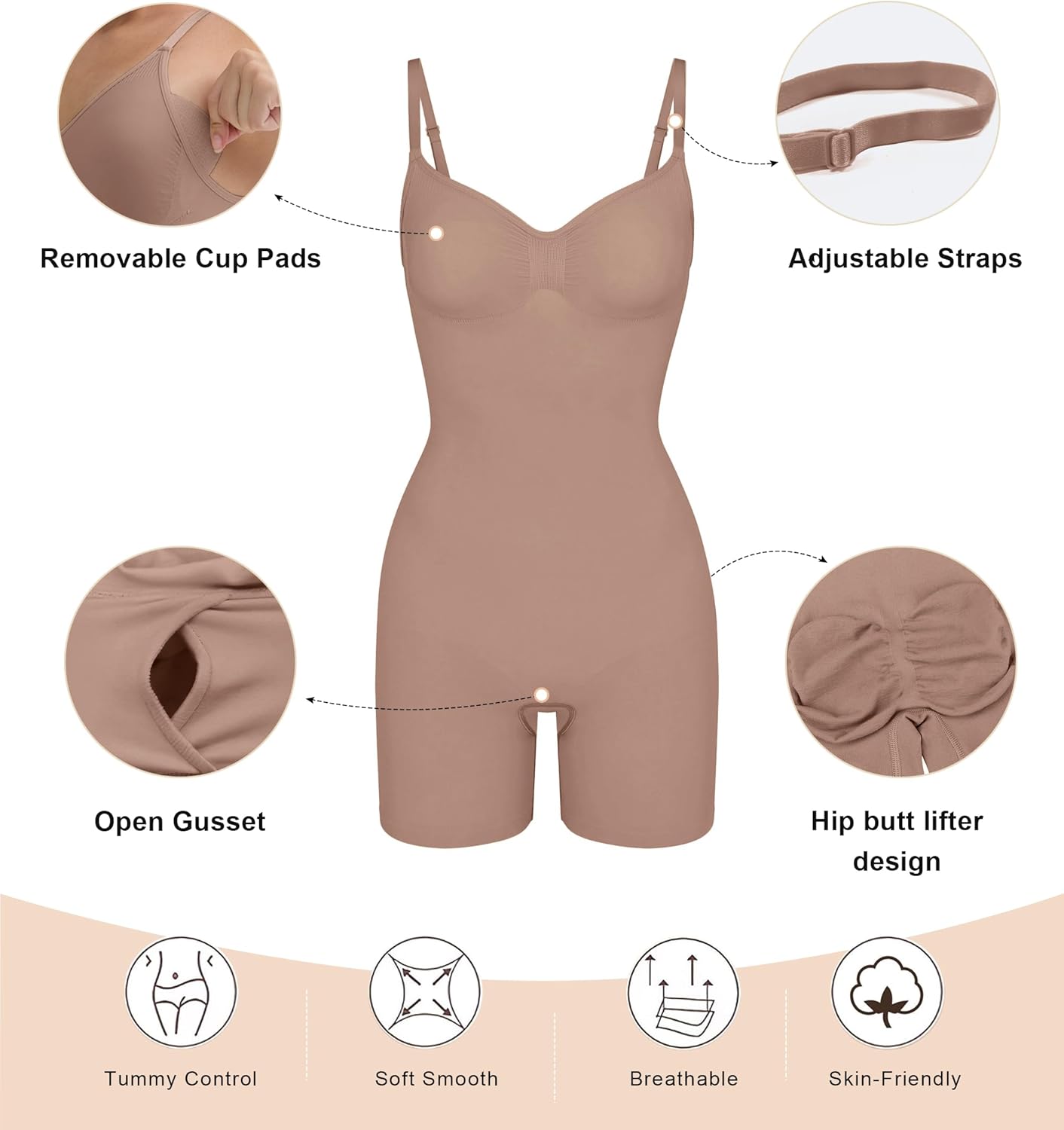 SHAPERX Women's Seamless Shapewear Tummy Control Bodysuit with Removable Pads Mid Thigh Body Shaper - Image 4