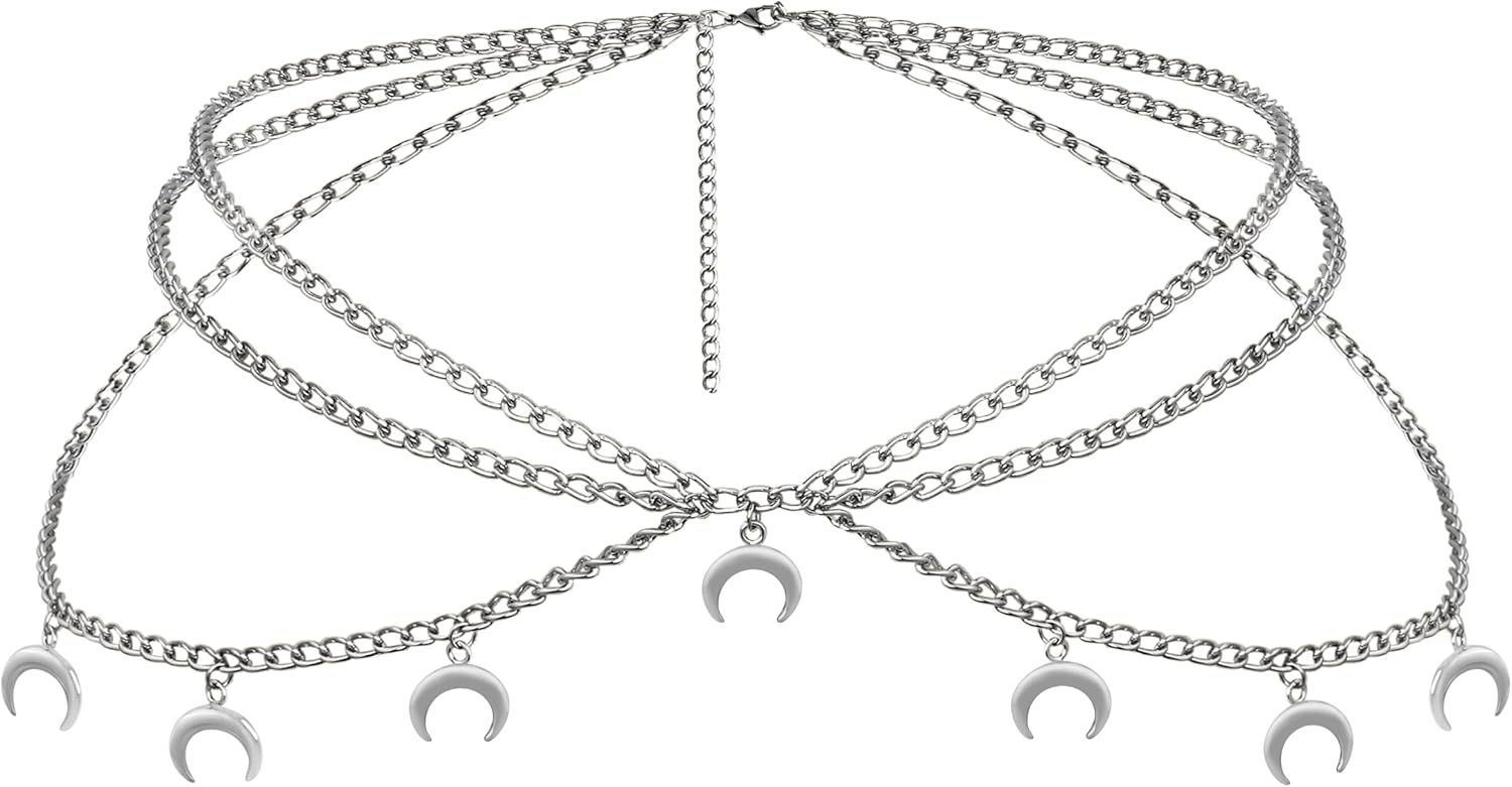 Sacina Goth Y2K Crescent Moon Chain Belt for Women – Adjustable Silver-tone Waist Chain, Punk Emo Grunge Aesthetic Body Jewelry