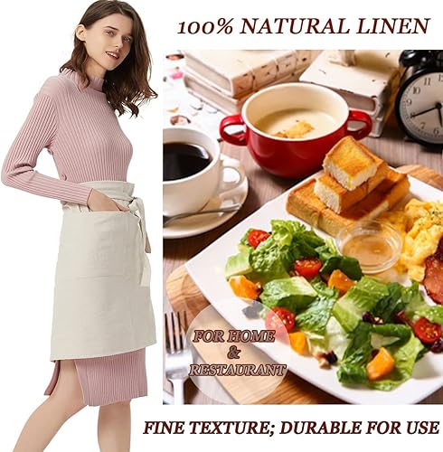 Miniatura 4 de Cityelf Delantal bistró de algodón y lino con 2 bolsillos grandes delantal de cintura para manualidades para cocinar hornear jardinería pintura