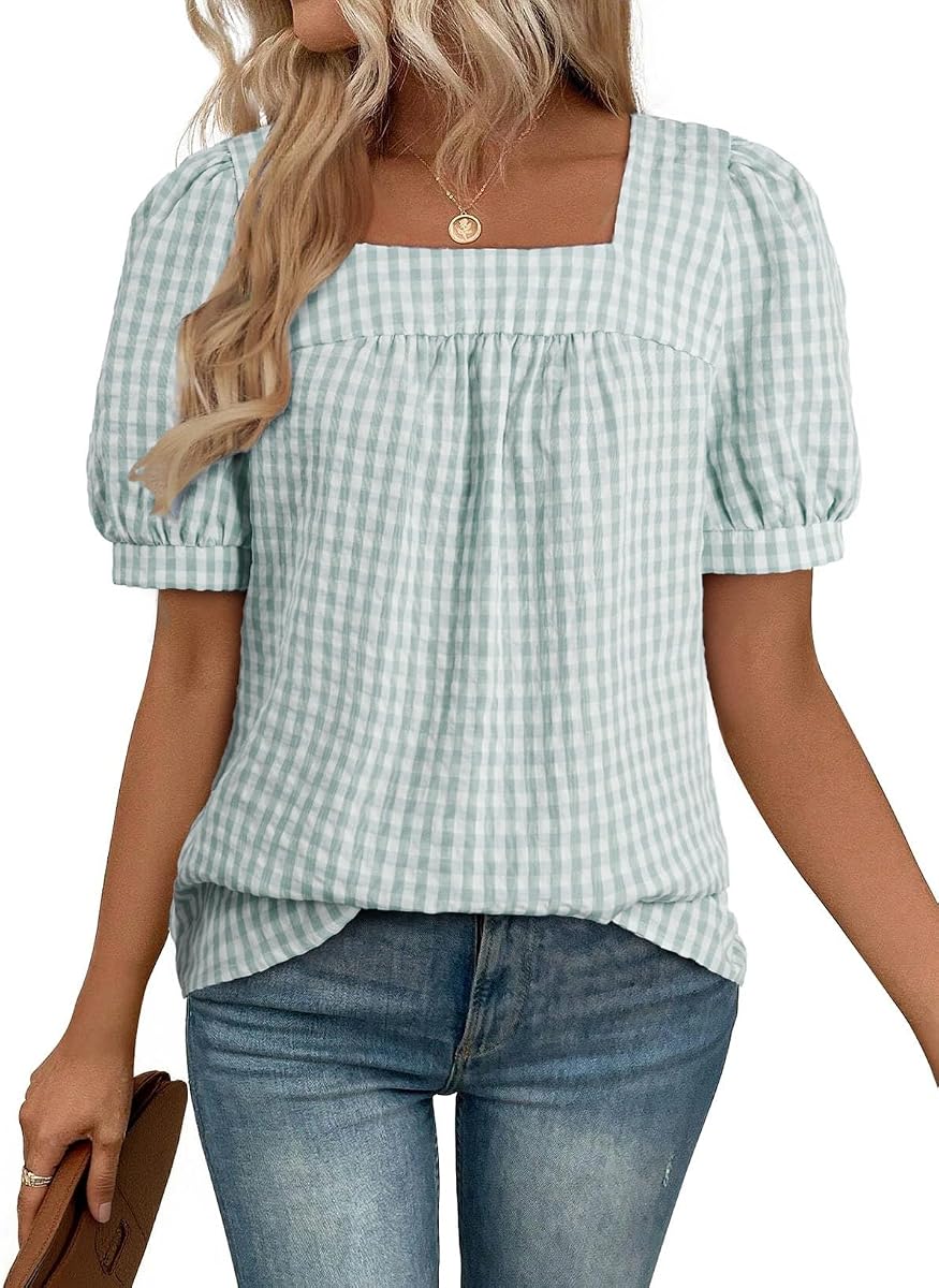 Womens Gingham Top Short Sleeve Square Neck Shirts Cotton Blouse