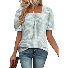EVALESS Tops for Women Short Sleeve Tunic Blouse Square Neck Gingham Tops Cotton Blend Plaid Shirt Cute Checkered Shirt