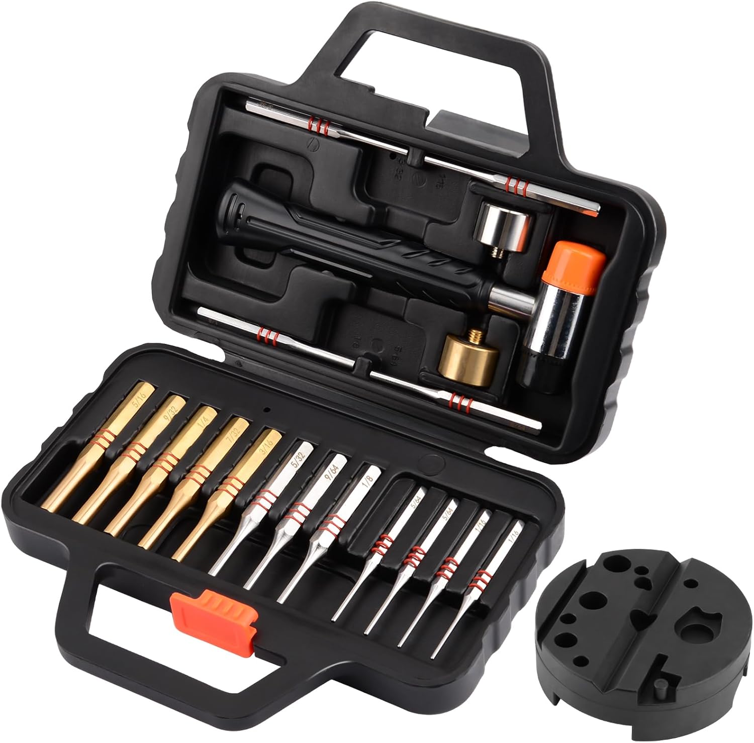 Pridefend Punch Set, Roll Pin Punch Set Made of Solid Metal Material,Elite Tool Including Steel Pin Punch Set, Roll Pin Starter Punch and Hammer,with Organizer Storage Box (with Bench Block)