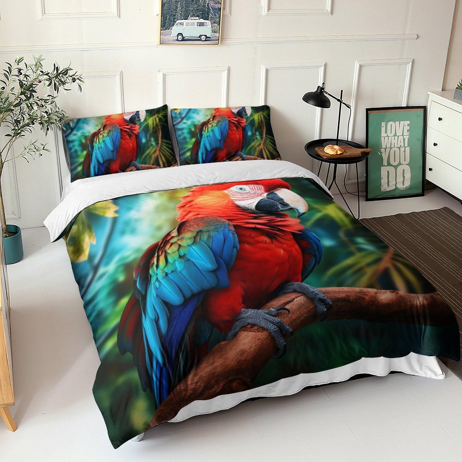 Parure de lit perroquet avec couette microfibre et taies pour chambre exotique