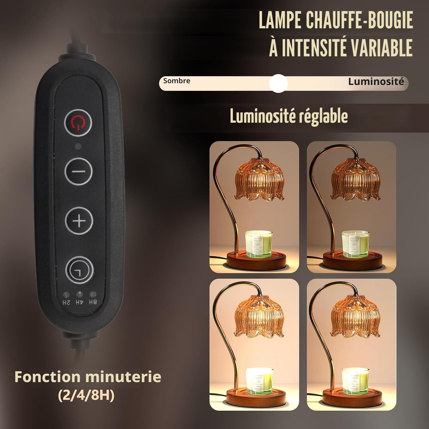 Lampe chauffe-bougie avec variateur d'intensité - Lampe électrique avec minuterie pour bougies parfumées en pot avec 2 ampoules