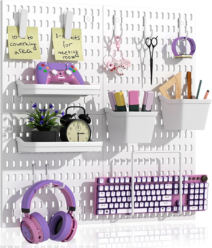 AKTOP Plastic Peg Board Wall Organizer 4-Pack, 12"x12" Pegboard Kit, White | Includes 13 Accessories, Adhesive or Drill Mounting, Superior Load Capacity, Ideal for Office, Gaming Room, Craft Room