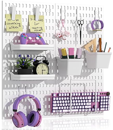 AKTOP Peg Board Wall Organizer 4-Pack – 12"x12" White Pegboard Combination Kit with 13 Accessories for Wall, Plastic Peg Board Panels for Home, Office, Garage Tool Storage & Craft Room - 12inch Pegboard Kit-White