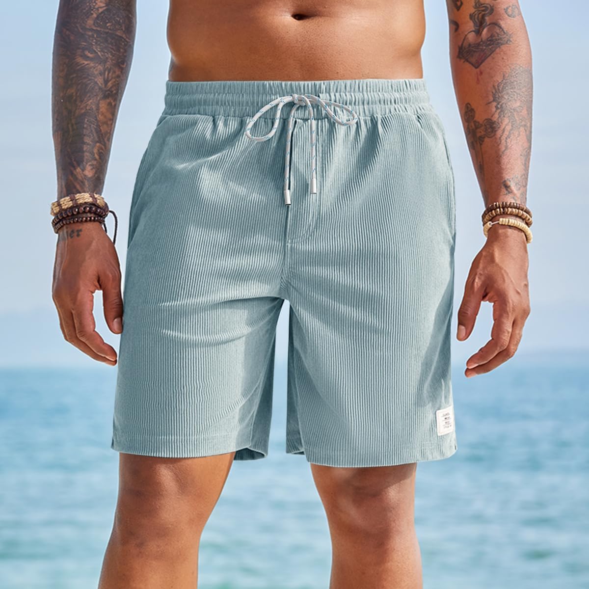 Yousify Men's Corduroy Shorts Casual Elastic Waist Drawstring Summer Beach Vacation Shorts with Pockets - Image 2