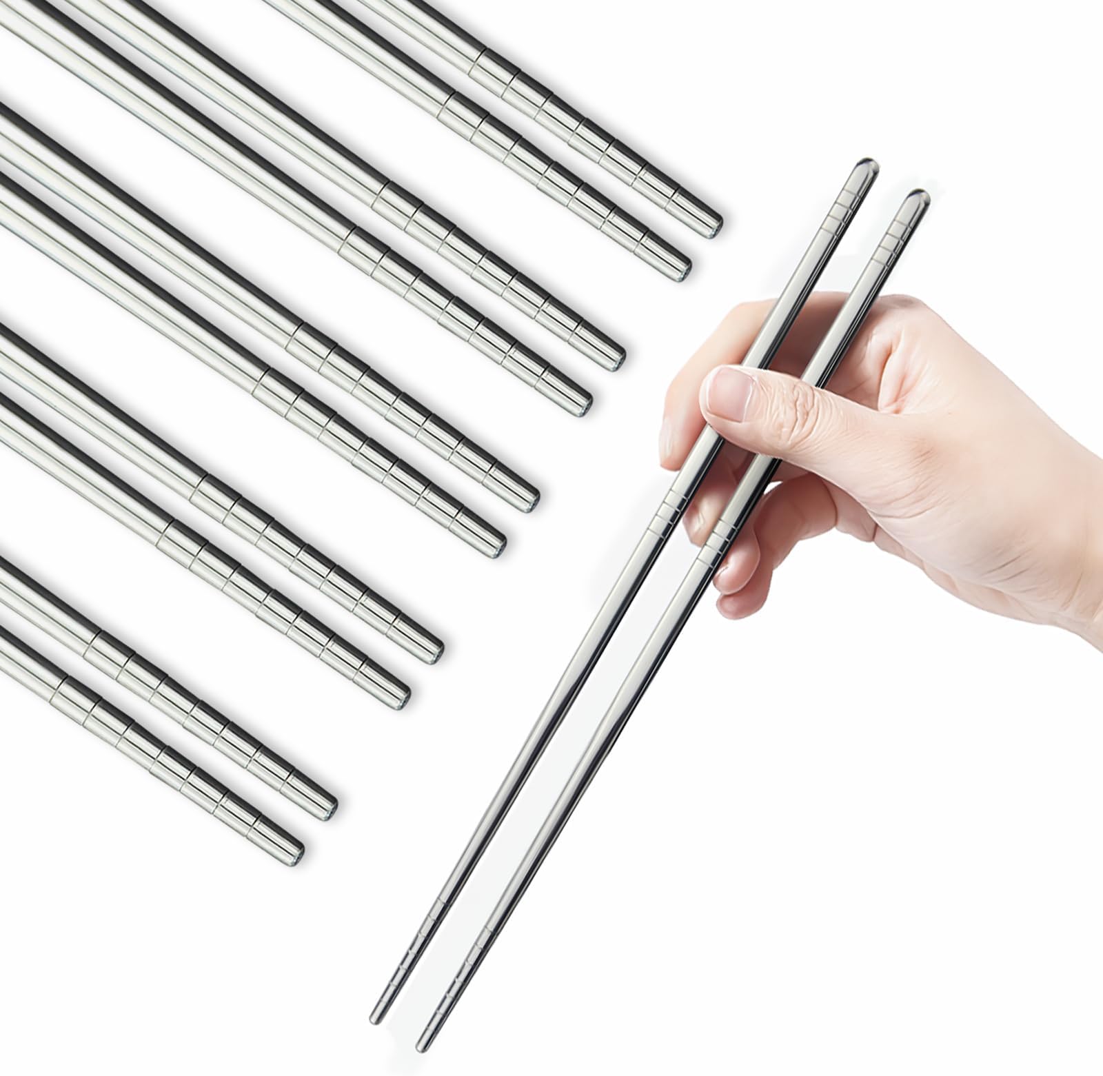 IQCWOOD Metal Chopsticks, 5 Pairs 304 Stainless Steel Chopstick, Lightweight Non-Slip Korean Reusable Chop Sticks Dishwasher Safe Gift Set (Silver)