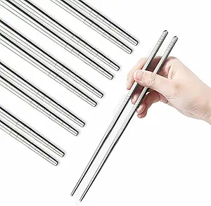 IQCWOOD Metal Chopsticks, 5 Pairs 304 Stainless Steel Chopstick, Lightweight Non-Slip Korean Reusable Chop Sticks Dishwasher Safe Gift Set (Silver)