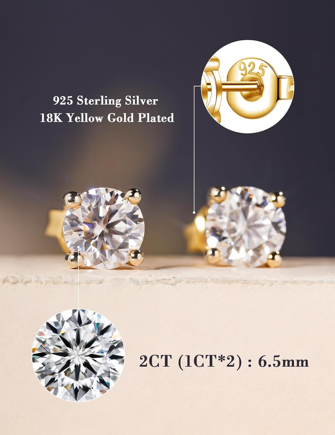 IMOLOVE Moissanite Stud Earrings for Women in Sterling Silver Hypoallergenic 1-3CT D Color Round Cut Moissante Earrings - Image 2