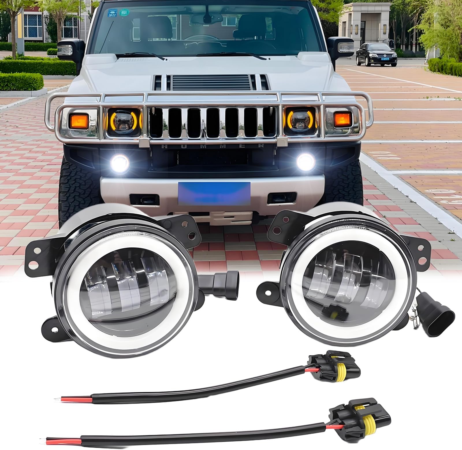 4 Inch Fog Lights Assembly Compatible with Hummer H2 Fog Lights 2003 2004 2005 2006 2007 2008 2009, Front Bumper DRL Amber Turn Signal LED Fog Lamps, 6000K IP67 Waterproof, Pack of 2